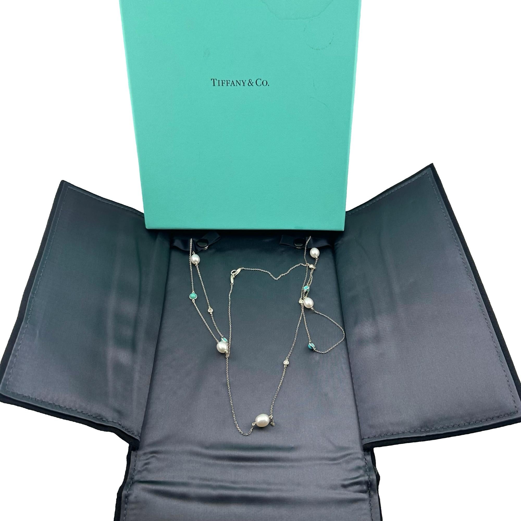 Tiffany & Co Elsa Peretti Color by the Yard Sprinkle Necklace
Style:  Sprinkle Necklace with 4 Turquoise Cabachons, 5 Freshwater Cultured Pearls, and 4 Round Brilliant Diamonds
Metal:  Sterling Silver
Size - Measurements:  36' Inches 
Hallmark: 