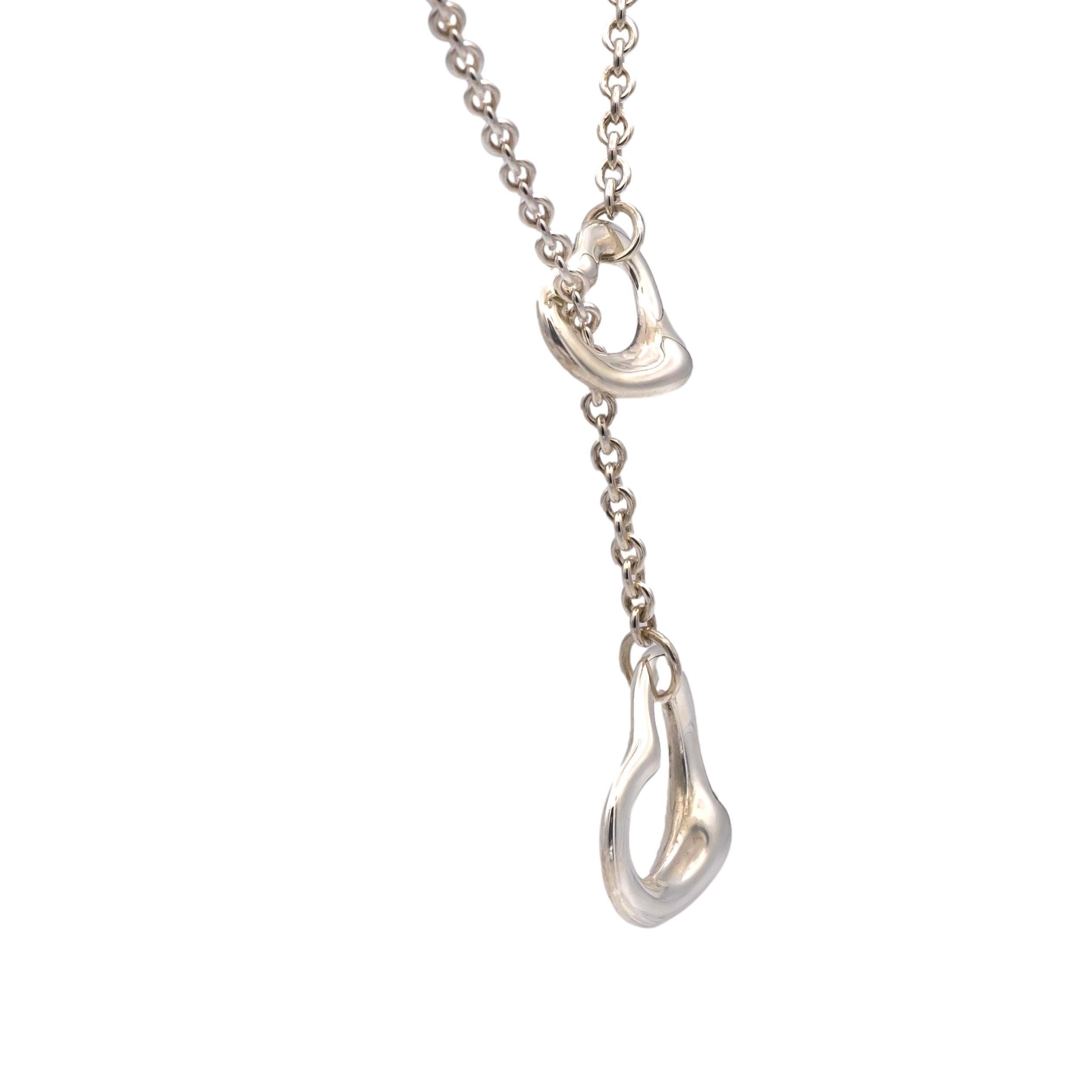 Tiffany & Co. Sterling Silver Elsa Peretti Open Heart Lariat Necklace 18.5” In Excellent Condition In New York, NY