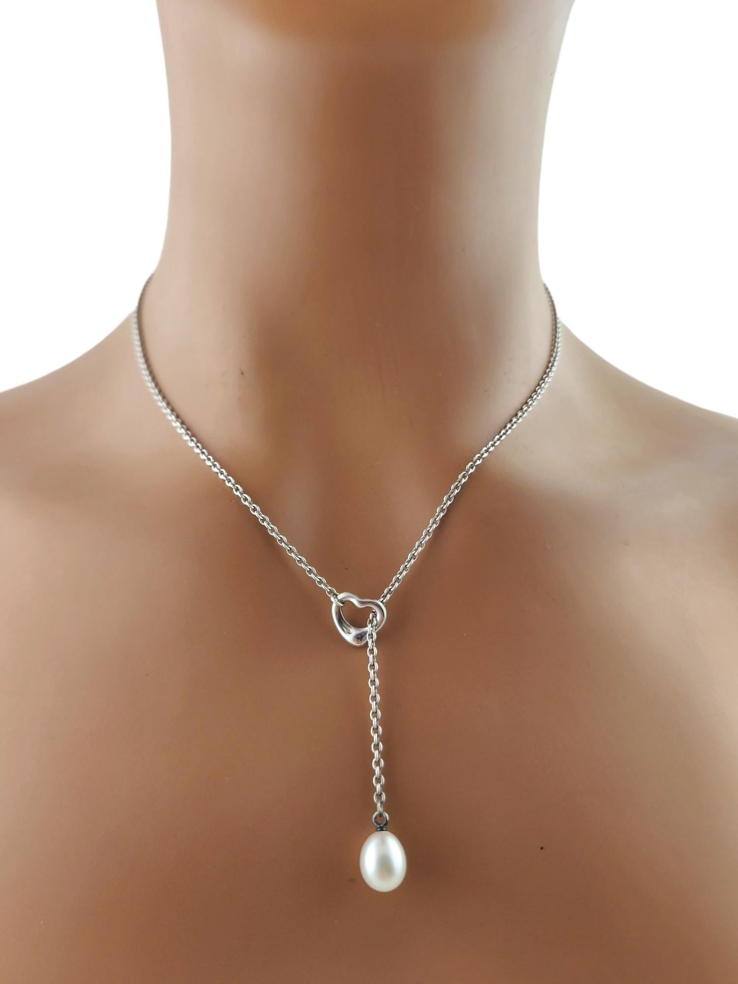 Tiffany & Co Sterling Silver Elsa Peretti Open Heart Lariat Pearl Necklace#18264 2