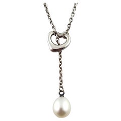Tiffany & Co Sterling Silver Elsa Peretti Open Heart Lariat Pearl Necklace#18264