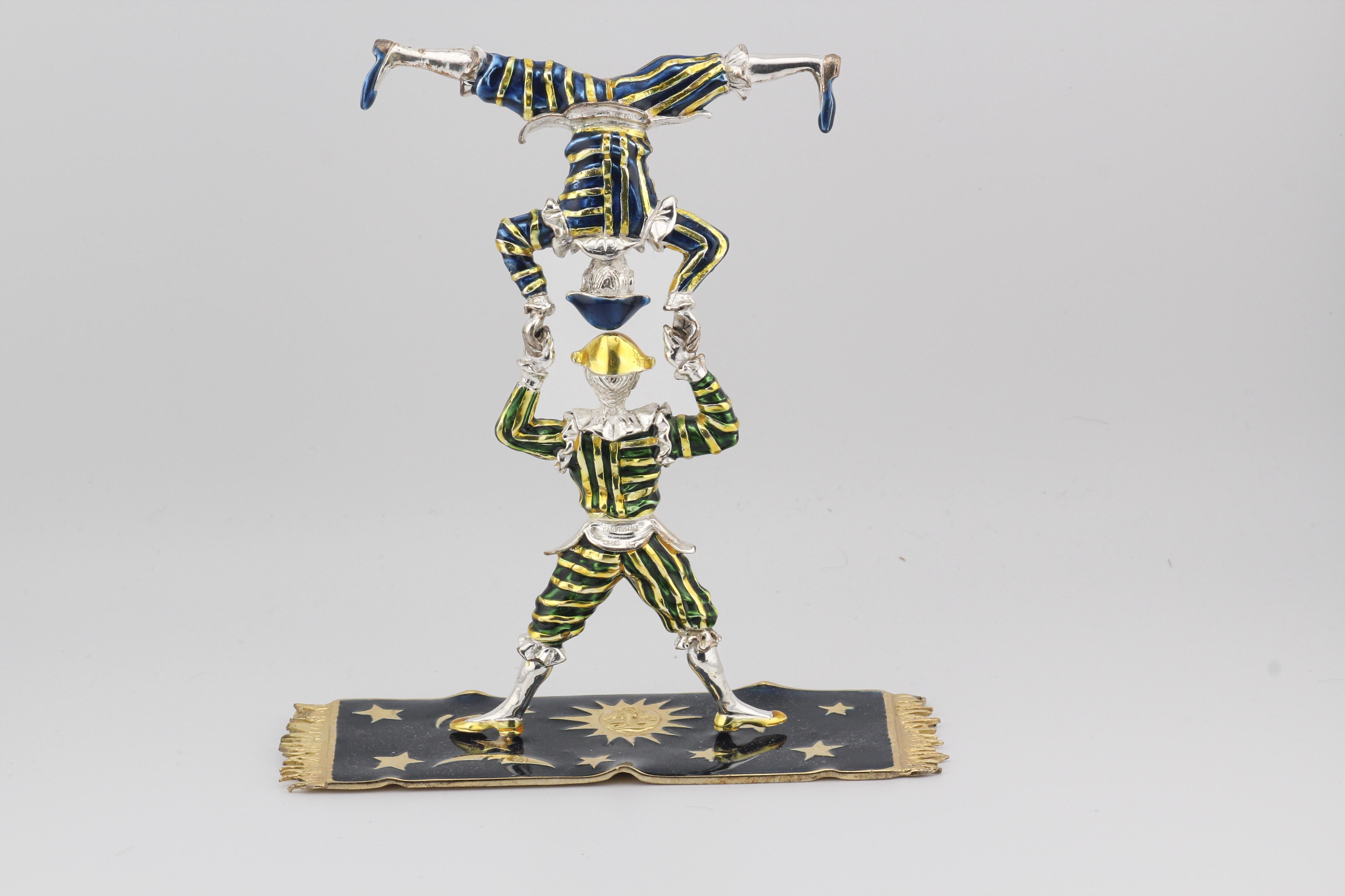 Women's or Men's Tiffany & Co. Sterling Silver Enamel Circus Acrobats w/ Rug For Sale