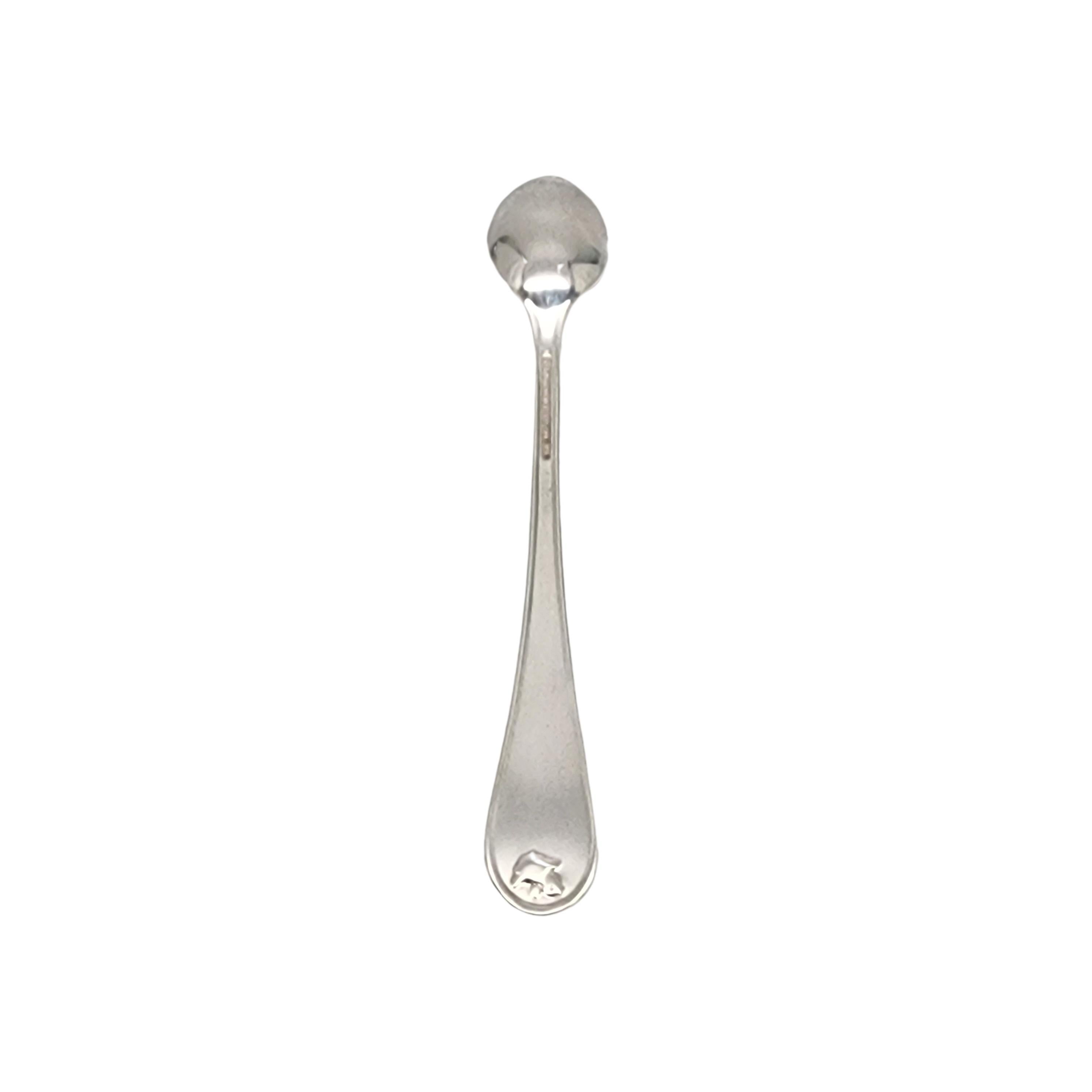 Tiffany & Co sterling silver Farm Animals baby feeding spoon with pouch.

A simple and classic design featuring a sheep, pig and duck down the front of the handle and a small bird on top of the back of the handle. No monogram or engraving. Includes