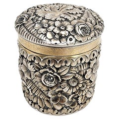 Tiffany & Co. Sterling Silver Gold Wash Repousse Floral and Fern Canister Box