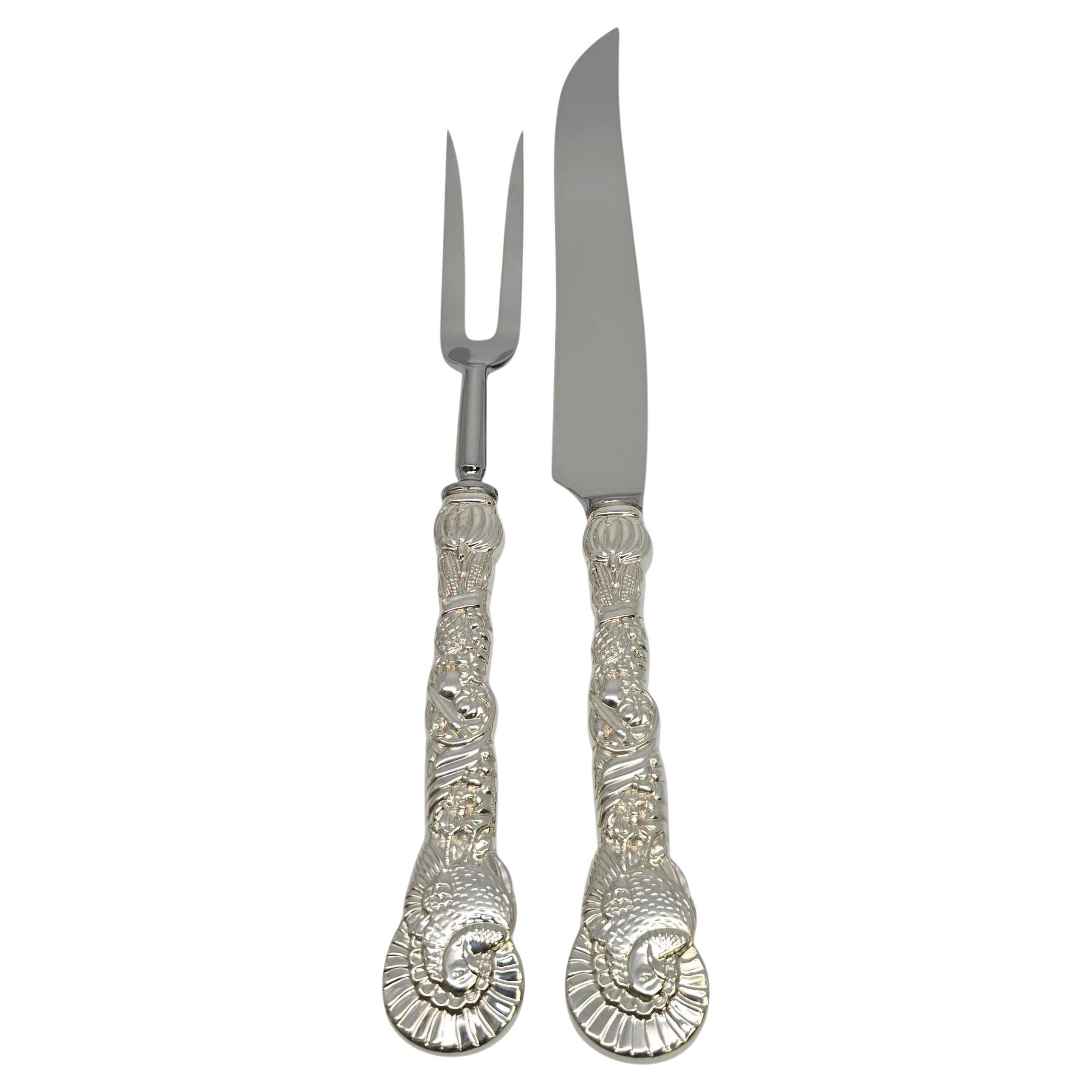Tiffany & Co Sterling Silver Handle Turkey Motif Carving Knife & Fork Set #22934