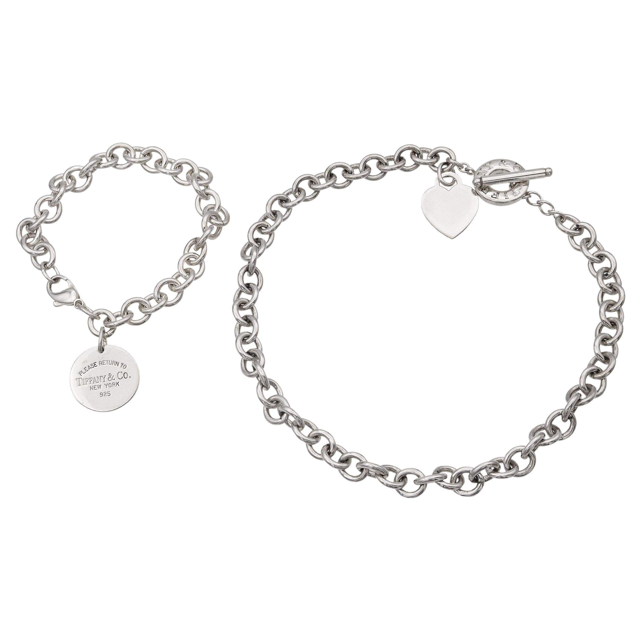 Tiffany & Co. Sterling Silver Heart and Round Tag Necklace & Bracelet Set For Sale