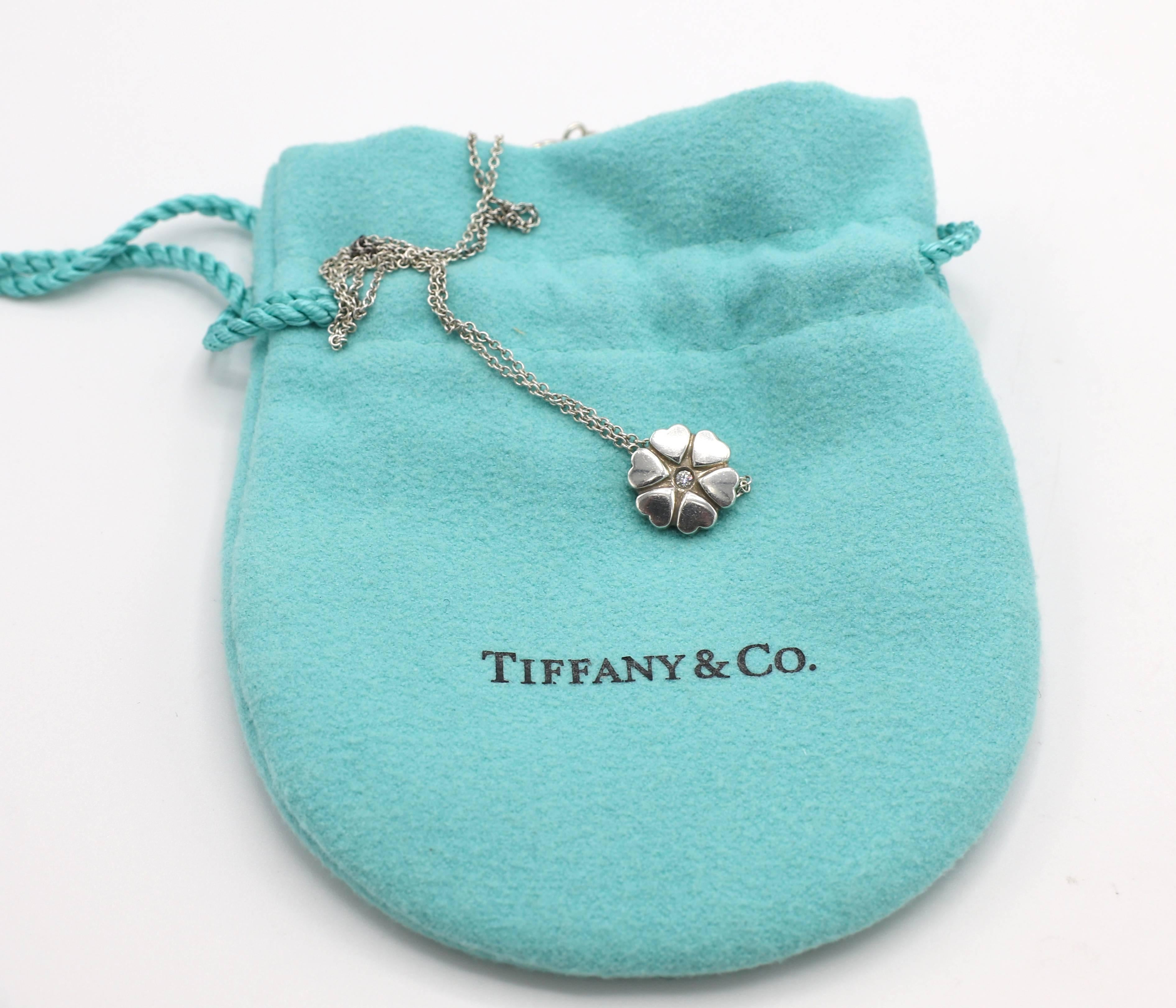 Round Cut Tiffany & Co. Sterling Silver Heart Flower Natural Diamond Pendant Necklace