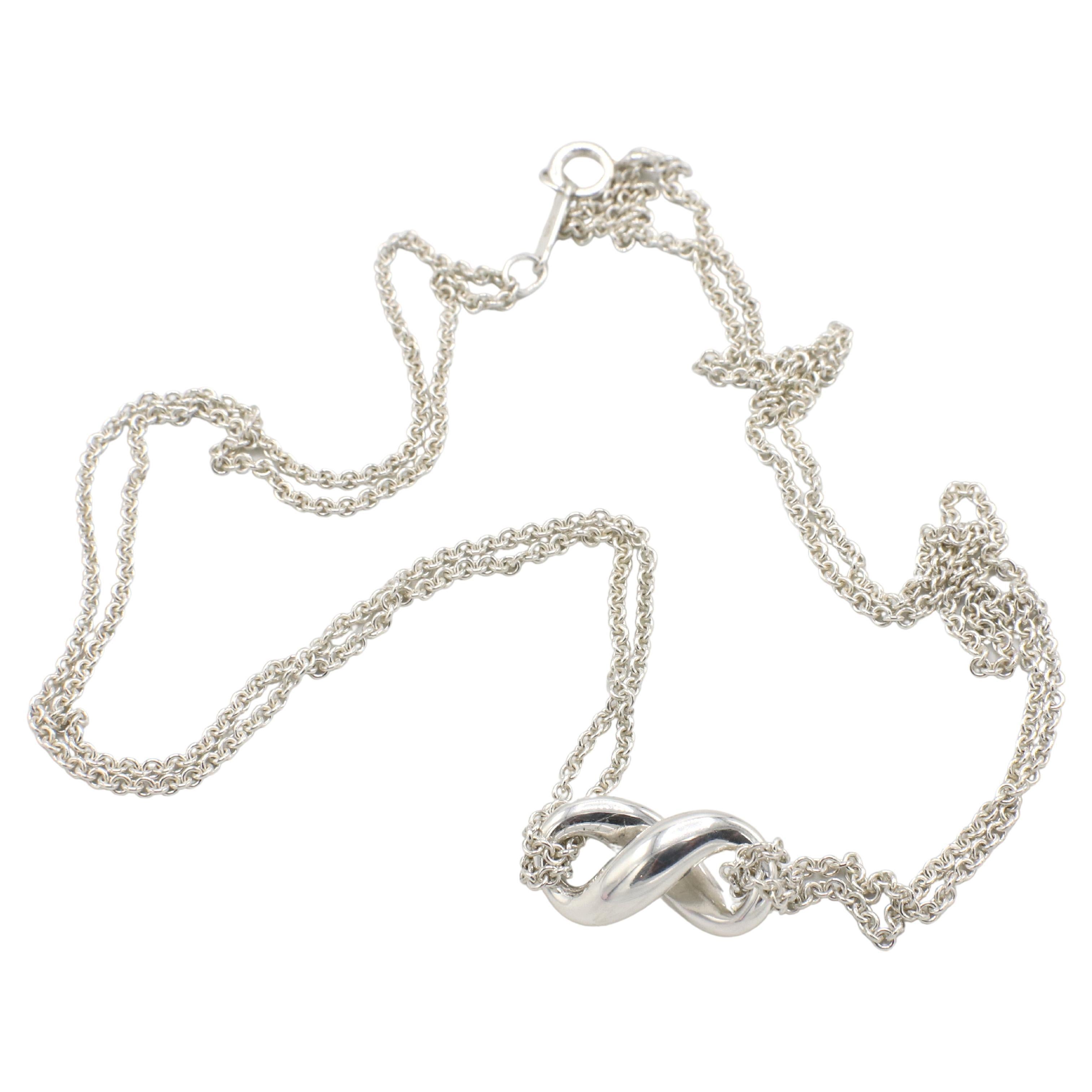 Tiffany & Co. Sterling Silver Infinity Double Chain Pendant Necklace In Excellent Condition For Sale In  Baltimore, MD