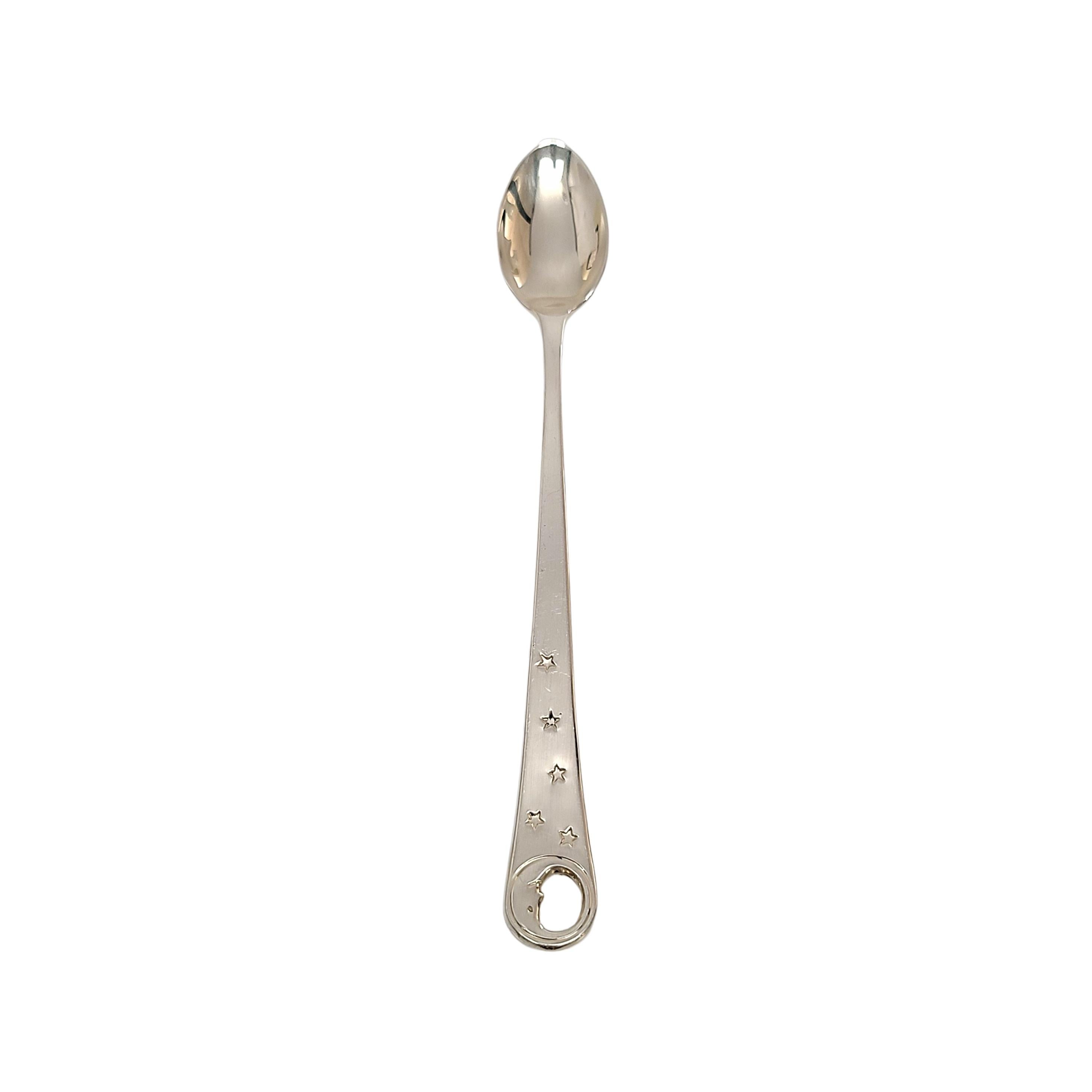 Tiffany & Co sterling silver Man in the Moon baby feeding spoon.

A simple and classic design featuring an open moon face at the top of the handle with stars scattered down the handle. No monogram or engraving. Includes Tiffany & Co pouch.

Measures