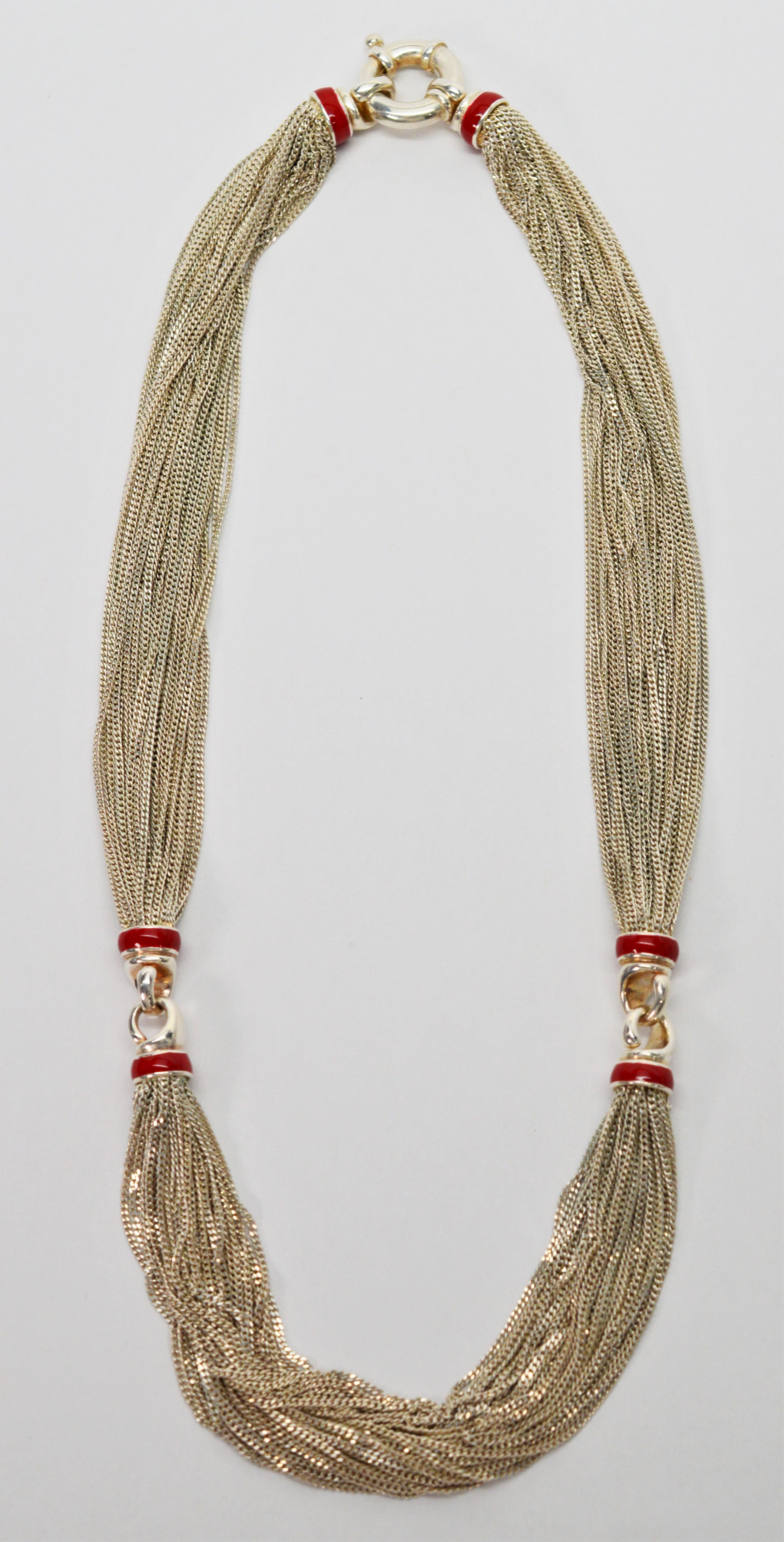 Tiffany & Co. Sterling Silver Multi Chain Necklace and Bracelet Set w Red Enamel In Excellent Condition In Mount Kisco, NY