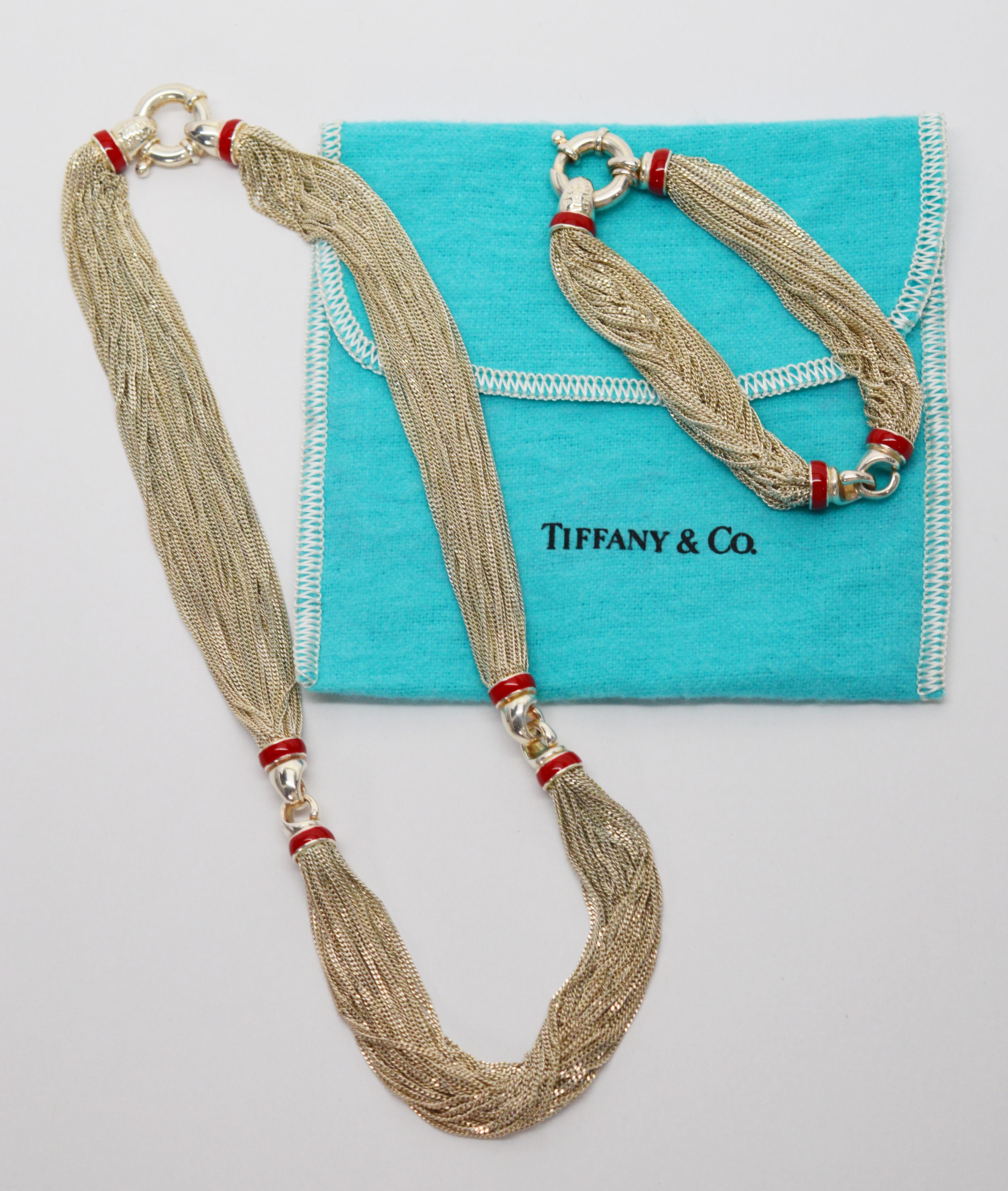 Women's Tiffany & Co. Sterling Silver Multi Chain Necklace and Bracelet Set w Red Enamel
