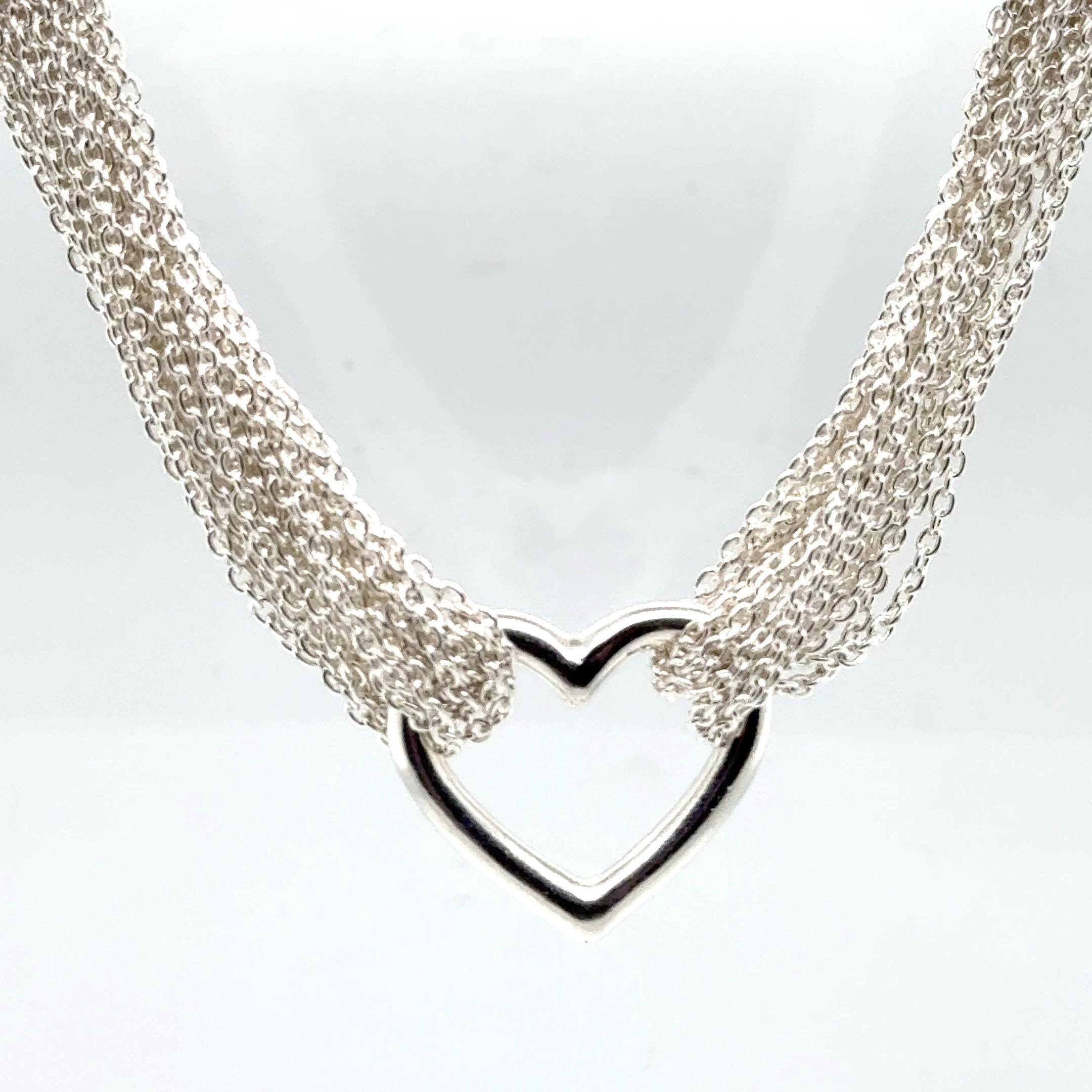 Tiffany & Co. Sterling Silver Multi-Strand Heart Pendant Necklace In Good Condition For Sale In Coral Gables, FL
