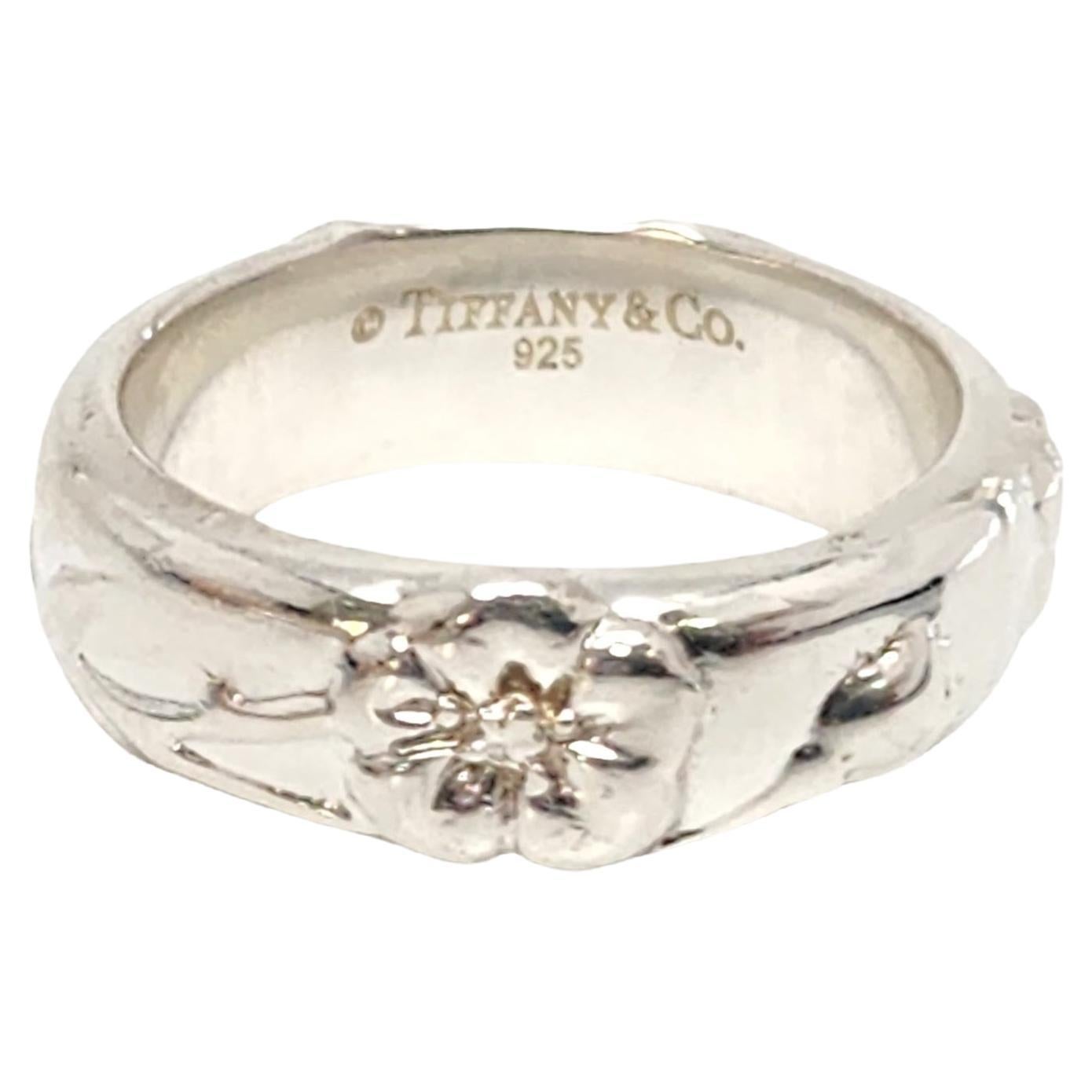 Tiffany & Co Sterling Silver Nature Rose Flower Band Ring For Sale