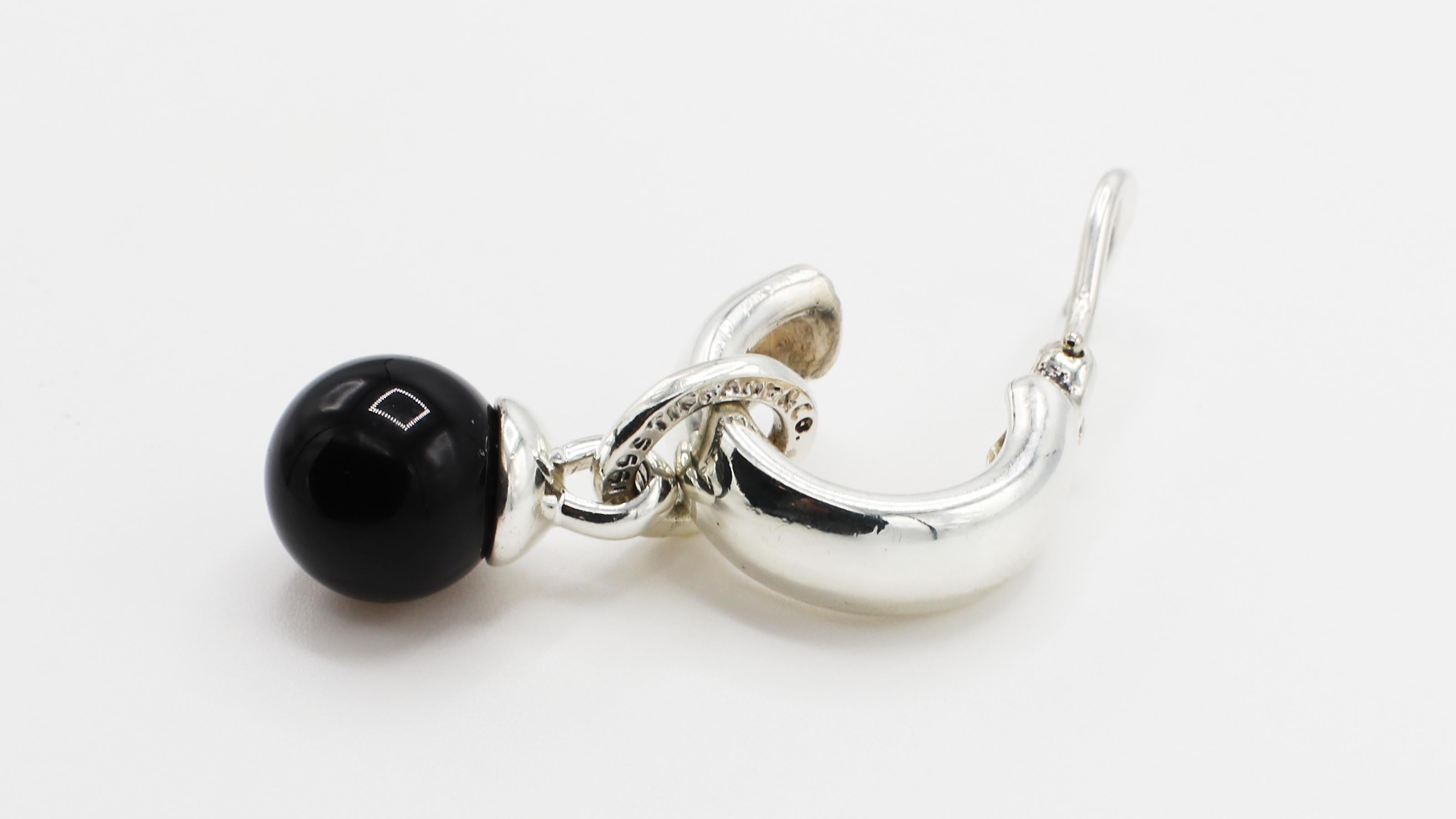 Bead Tiffany & Co. Sterling Silver Onyx Ball Hoop Drop Earrings