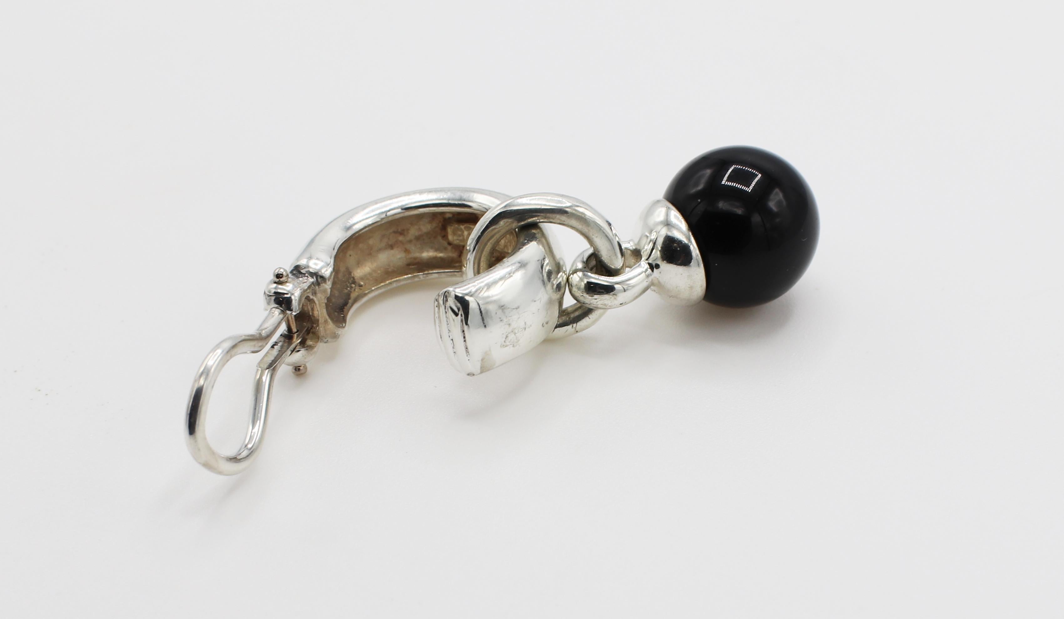 Tiffany & Co. Sterling Silver Onyx Ball Hoop Drop Earrings In Good Condition In  Baltimore, MD