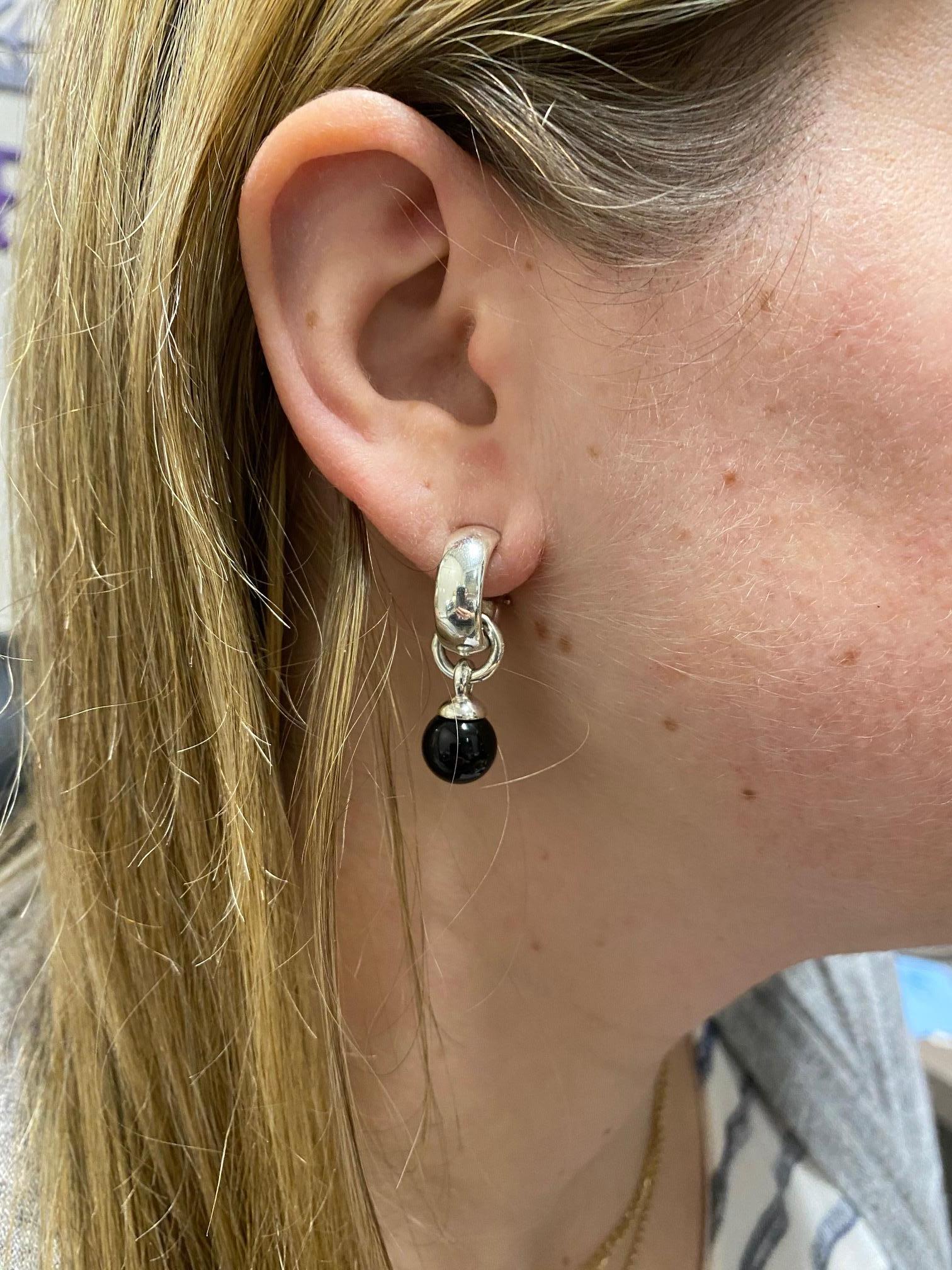 Women's Tiffany & Co. Sterling Silver Onyx Ball Hoop Drop Earrings