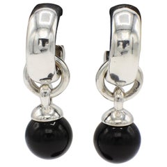 Vintage Tiffany & Co. Sterling Silver Onyx Ball Hoop Drop Earrings