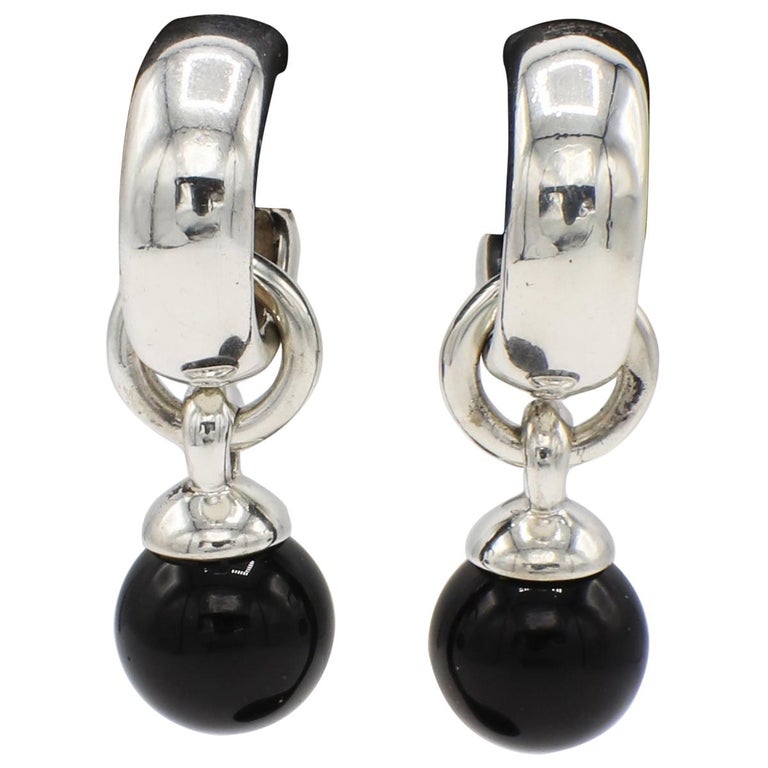 Tiffany and Co. Sterling Silver Onyx Ball Hoop Drop Earrings at 1stDibs