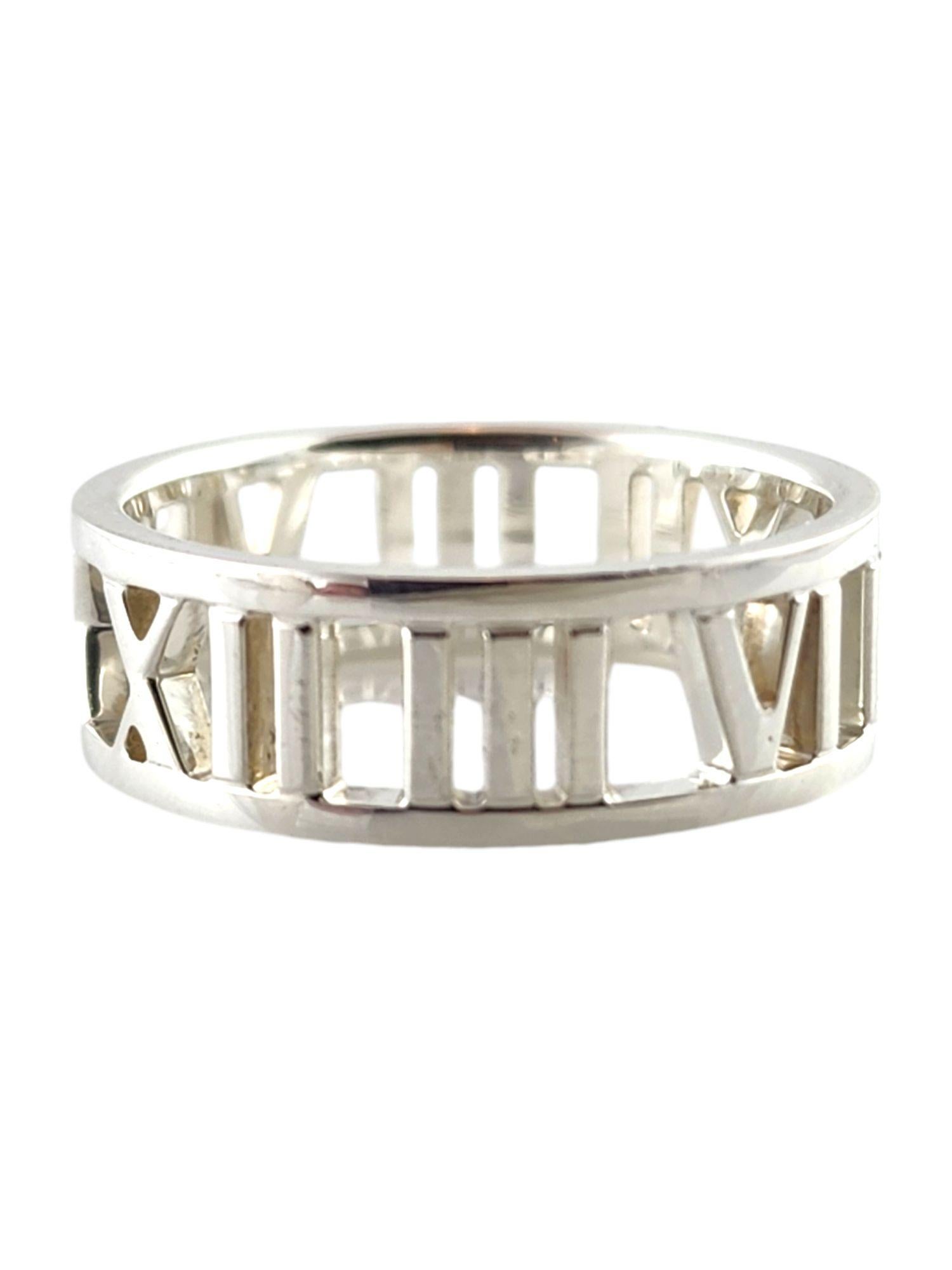 Tiffany & Co. Sterling Silver Open Roman Numeral Band Ring Size 7.25-7.5

This gorgeous open roman numeral band ring by Tiffany & Co. was crafted from sterling silver!

Size: 7.25-7.5
Shank: 6.70mm 

Weight: 2.40 dwt/ 3.73 g

Hallmark: T&Co