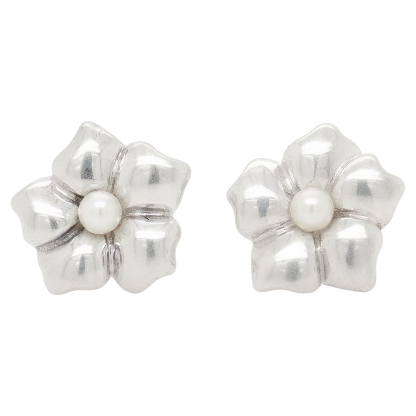 Tiffany & Co. Sterling Silver & Pearl Figural Flower Stud Earrings