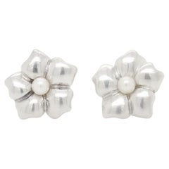 Tiffany & Co. Sterling Silver & Pearl Figural Flower Stud Earrings