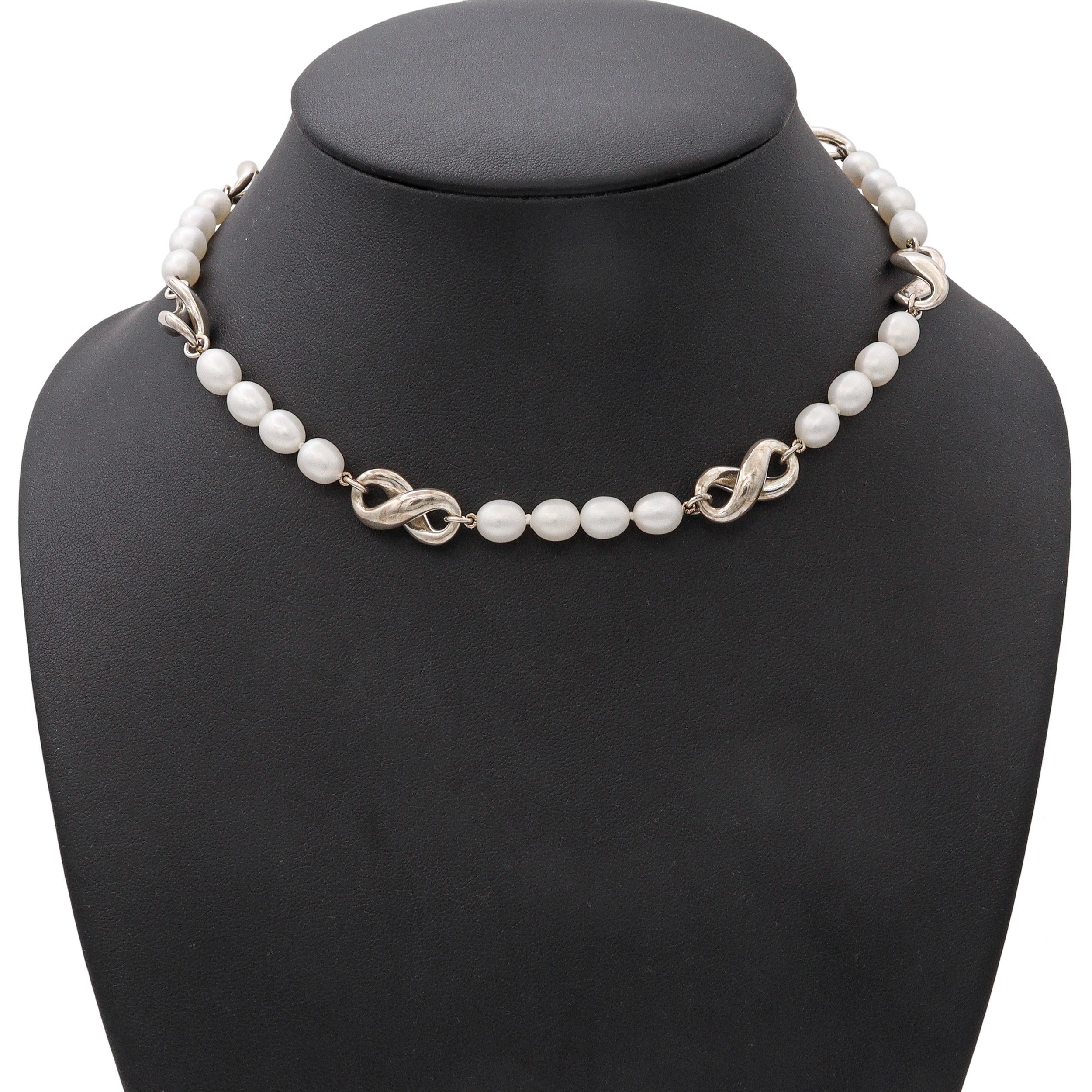 Bead Tiffany & Co. Sterling Silver & Pearl Infinity Necklace For Sale