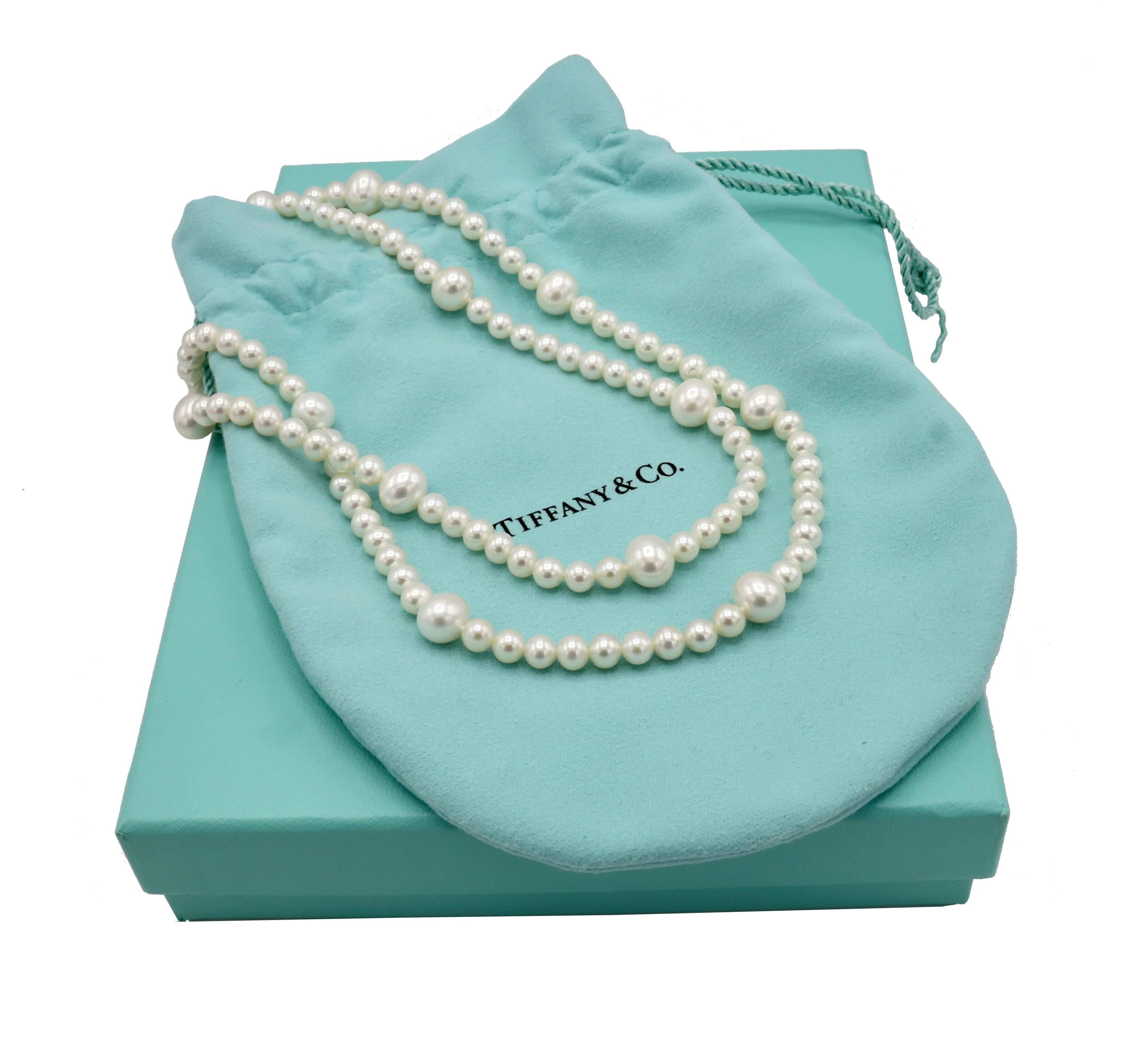 Tiffany & Co. Sterling Silver Pearl Necklace 
Metal: Sterling silver 925
Weight: 45 grams
Length: 31 inches
Pearls: 5.5 - 9.5mm
Signed: ©T&Co. AG925 Tiffany & Co. 
Notes: Box & Pouch 
