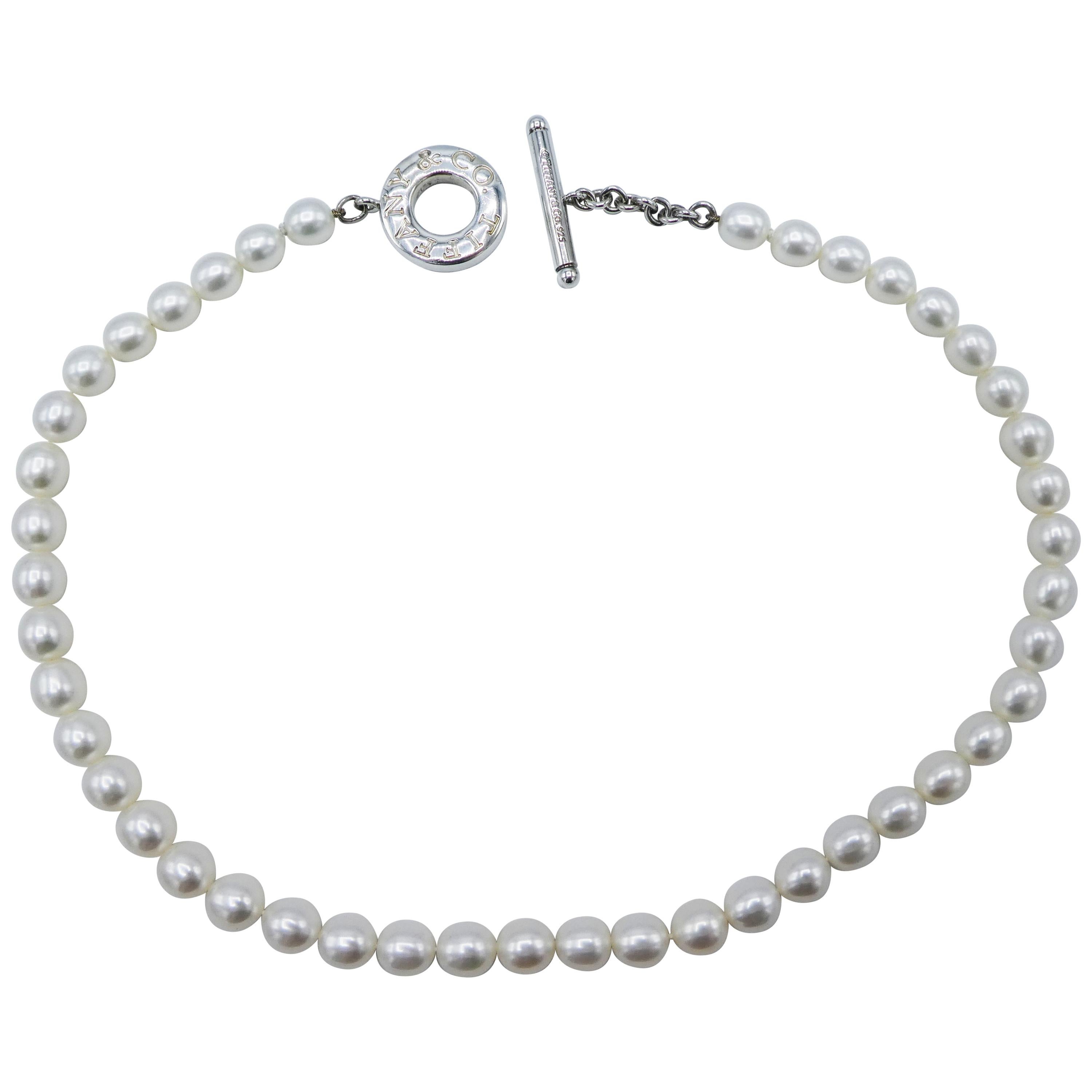 Tiffany & Co Sterling Silver Pearl Strand Toggle Clasp Chain Necklace