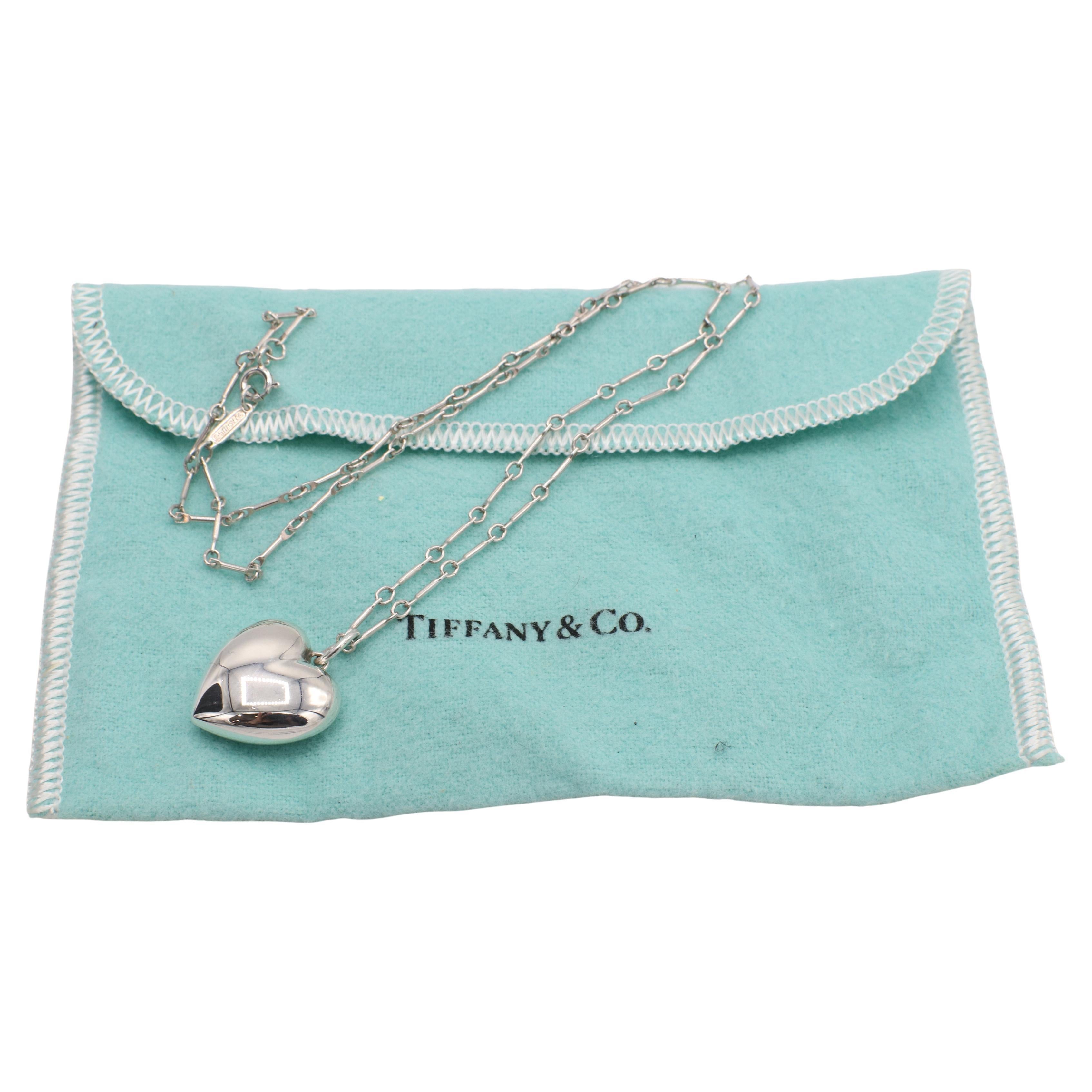 Tiffany & Co. Sterling Silver Puffed Heart Pendant Chain Link Necklace In Excellent Condition In  Baltimore, MD