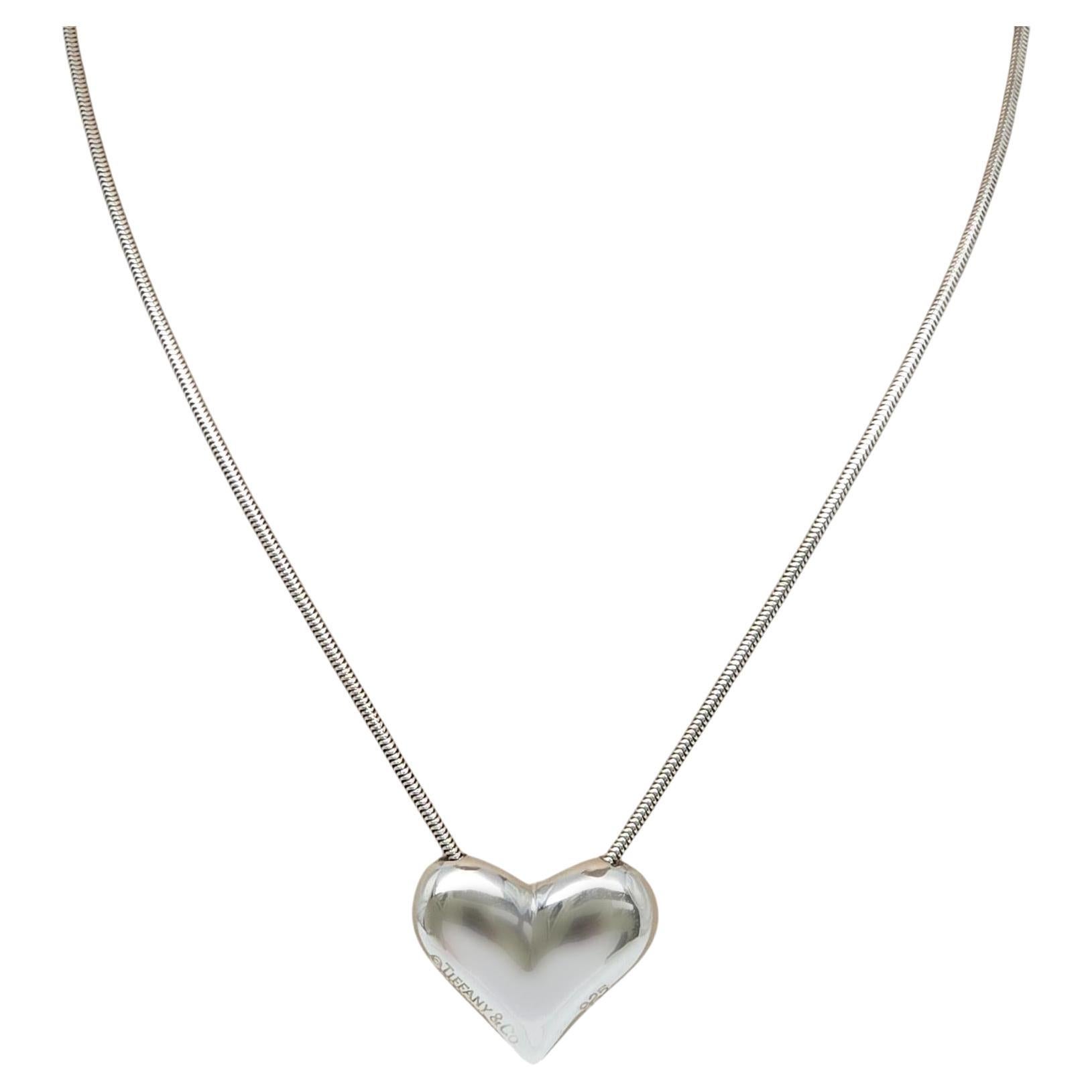 Tiffany & Co Sterling Silver Puffy Heart Pendant Snake Chain Necklace #20141