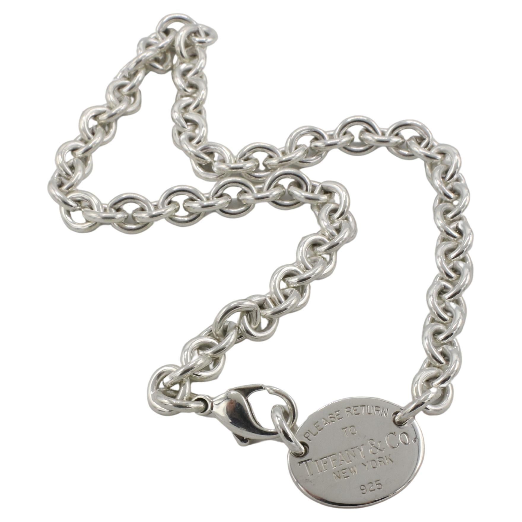Tiffany & Co. Plata de Ley Vuelta a Tiffany NY Collar de cadena de eslabones con etiqueta ovalada en Excelente estado para la venta en  Baltimore, MD