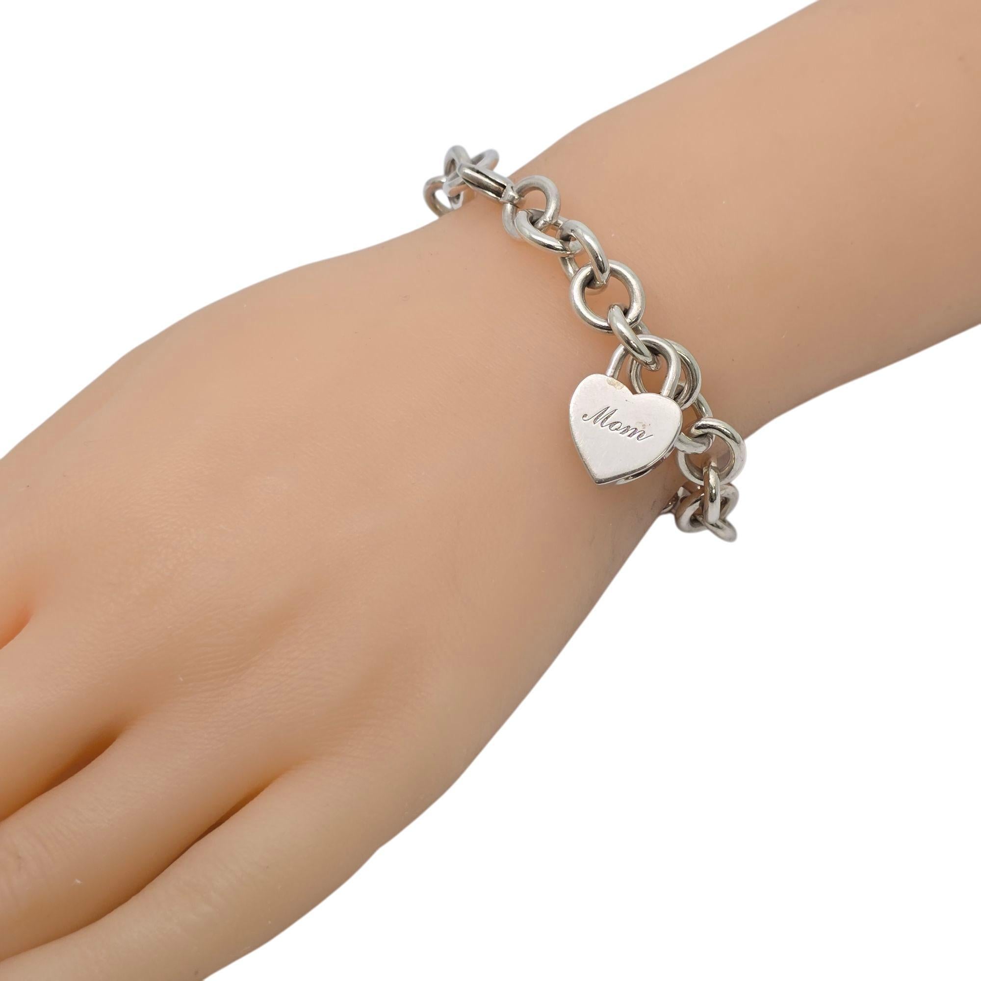 Tiffany & Co Sterling Silver Rolo Link Bracelet w/Mom Heart Padlock Charm #21924 6