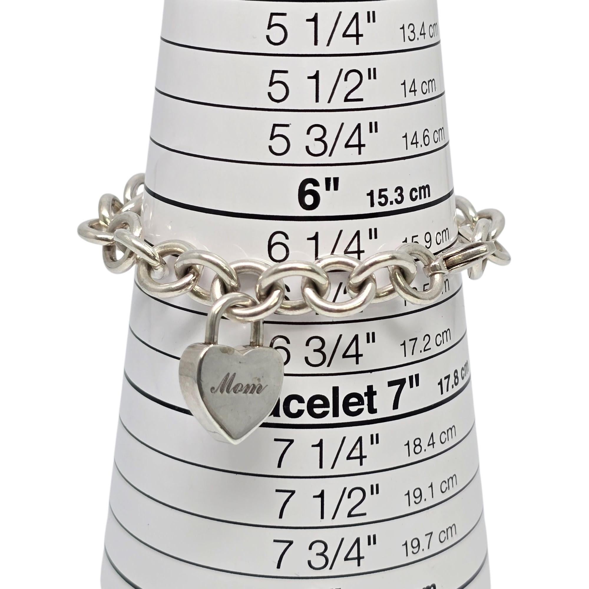 Tiffany & Co Sterling Silver Rolo Link Bracelet w/Mom Heart Padlock Charm #21924 5