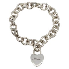 Tiffany & Co Sterling Silver Rolo Link Bracelet w/Mom Heart Padlock Charm #21924