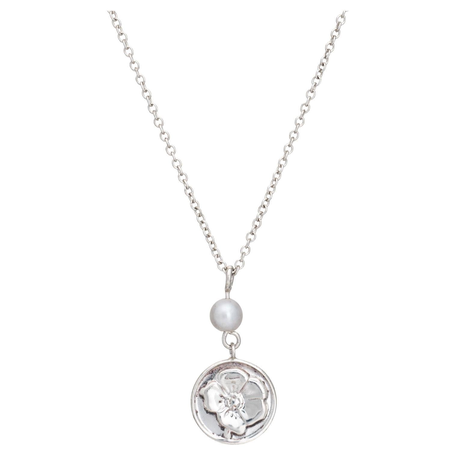 Tiffany & Co Sterling Silver Rose Necklace Pearl 16" Estate Jewelry Signed