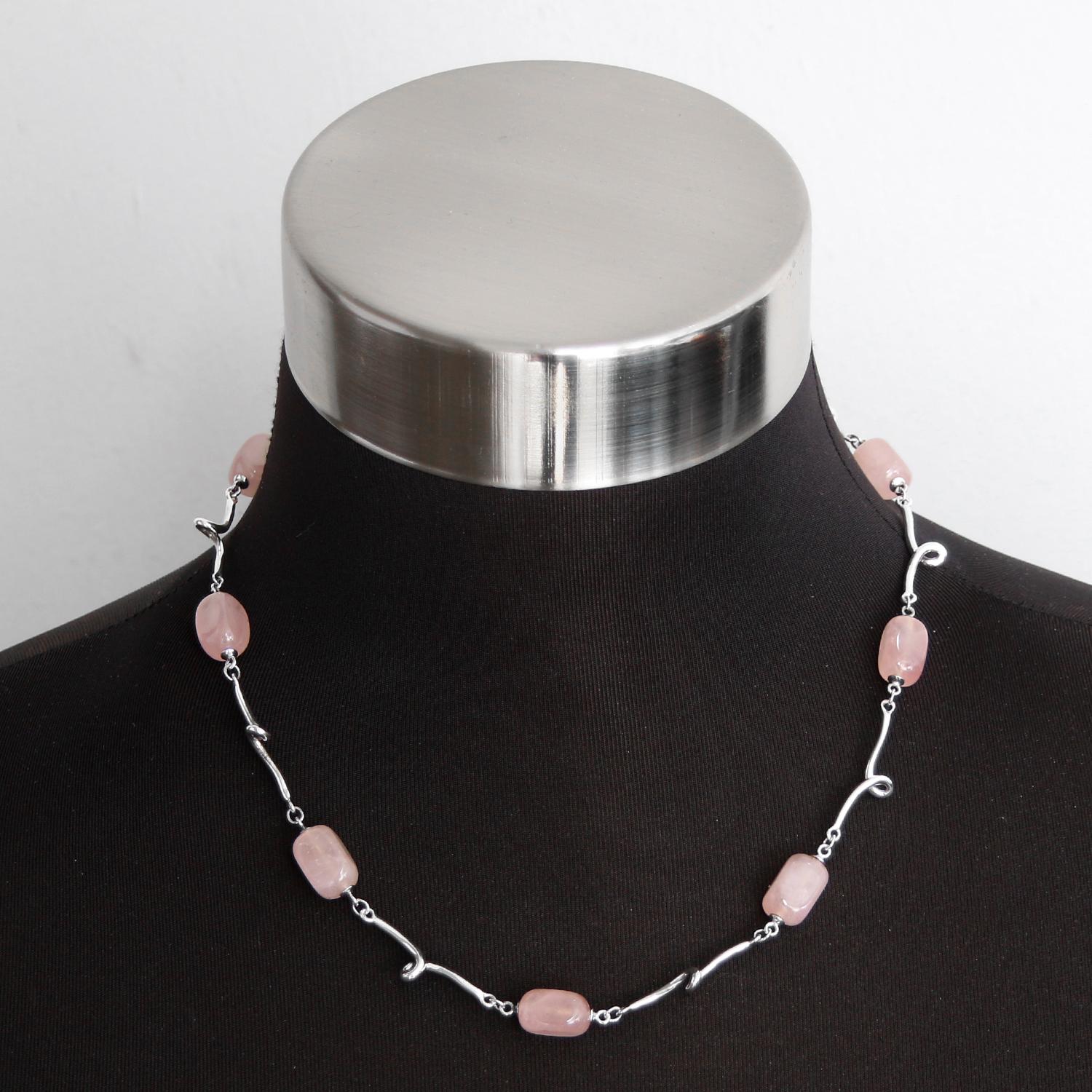 Tiffany & Co. Sterling Silver Rose Quartz Twirl Link Necklace - Nine rose Quartz stones on a 18 inch necklace. Sterling silver. Hallmarks: 925, designer signature. Pre-owned with Tiffany pouch .