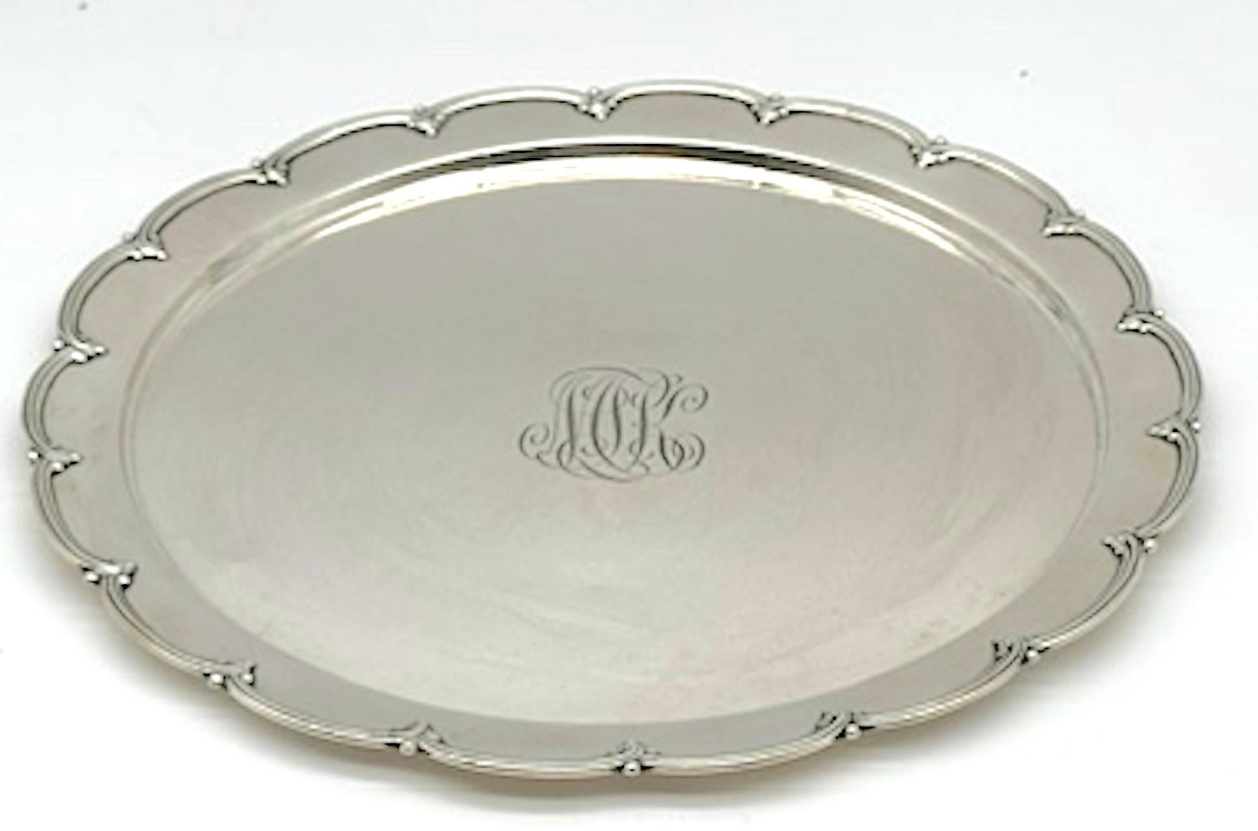 Edwardian Tiffany & Co. Sterling Silver Scalloped Round Tray, Applied Rim, 10.25 Inches For Sale
