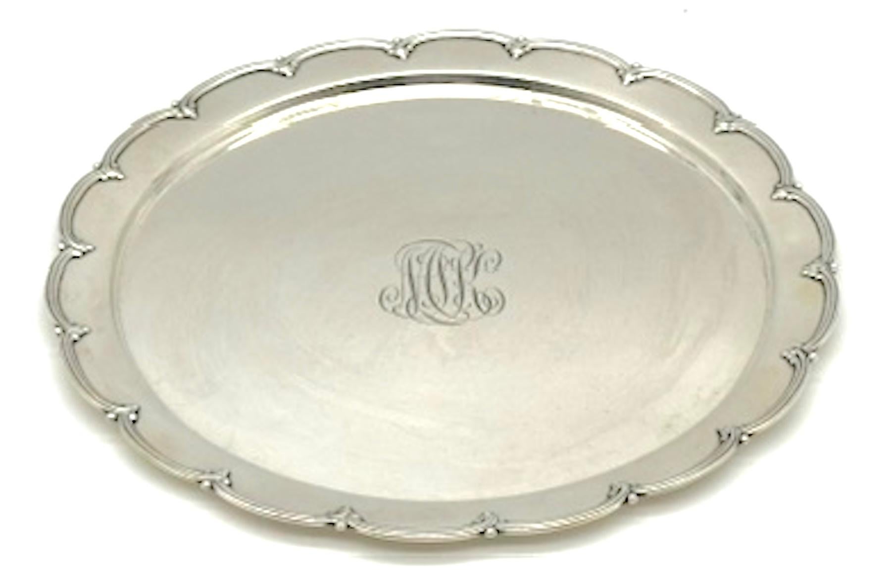 Cast Tiffany & Co. Sterling Silver Scalloped Round Tray, Applied Rim, 10.25 Inches For Sale