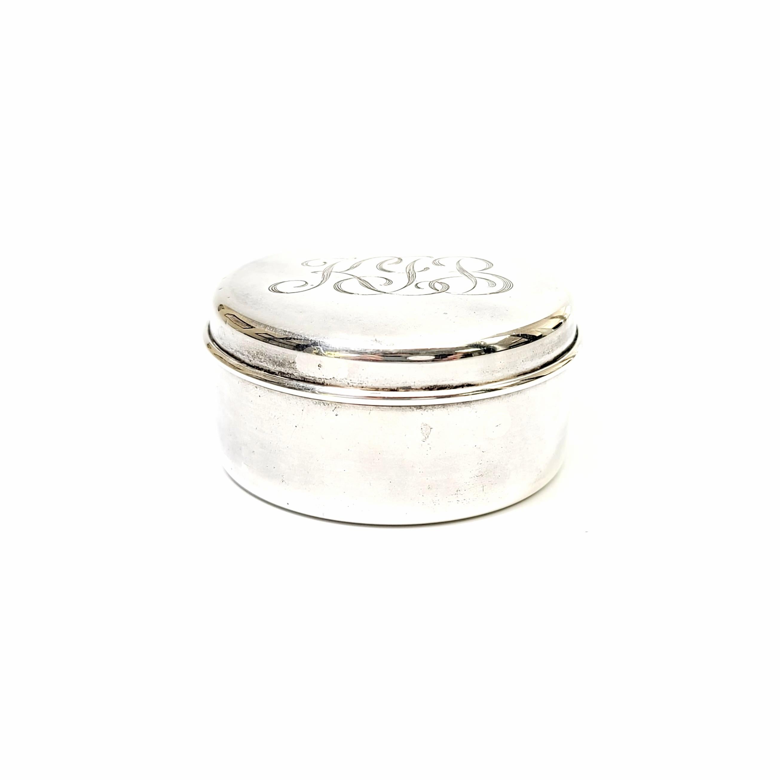 Vintage sterling silver jewelry or trinket box by Tiffany & Co.

Beautiful small round box featuring a simple and timeless design. Does not include Tiffany pouch or box.

Monogram appears to be KJB

Box measures: approximate 2 1/8