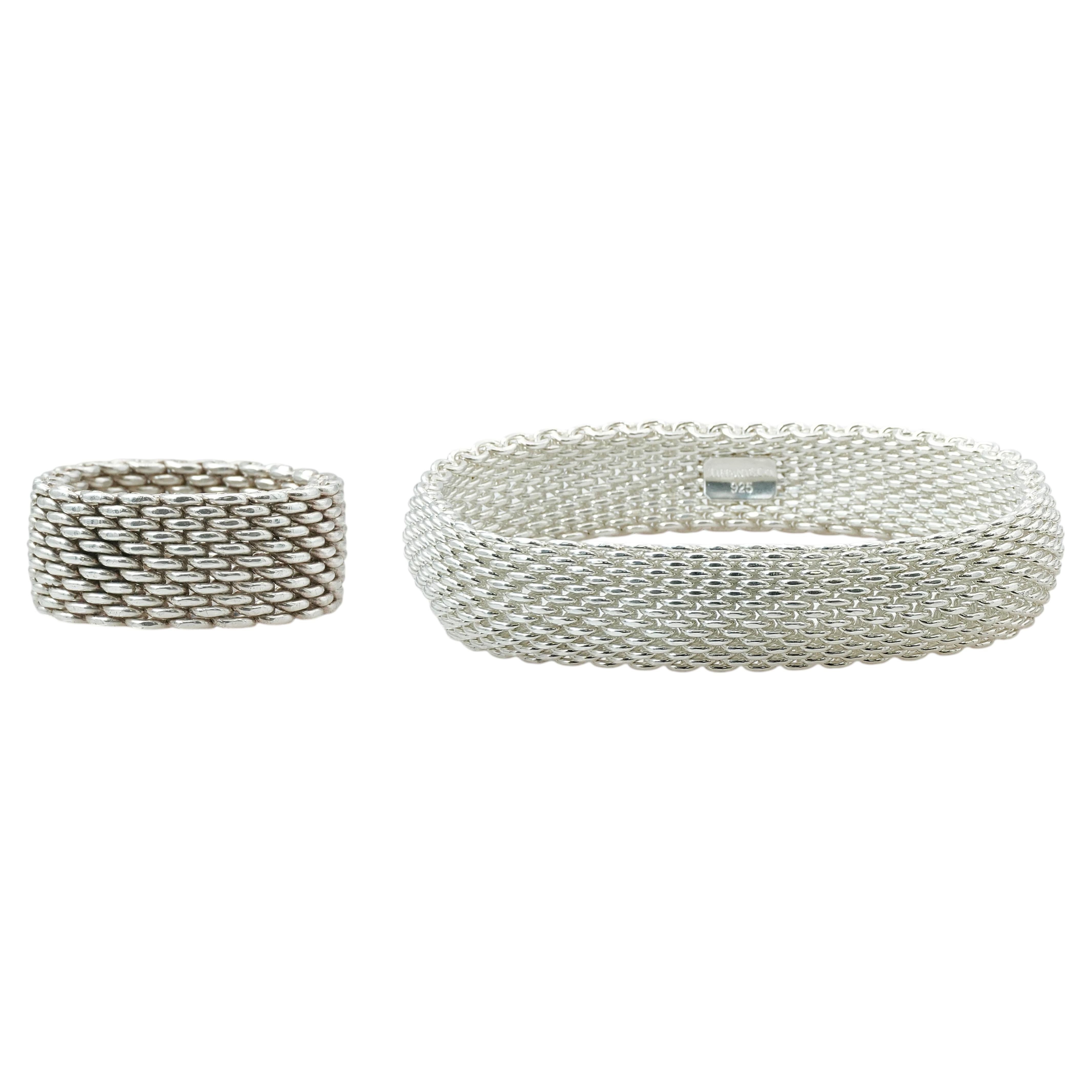 Tiffany & Co. Sterling Silver Somerset Mesh Bangle Bracelet and Ring Set For Sale