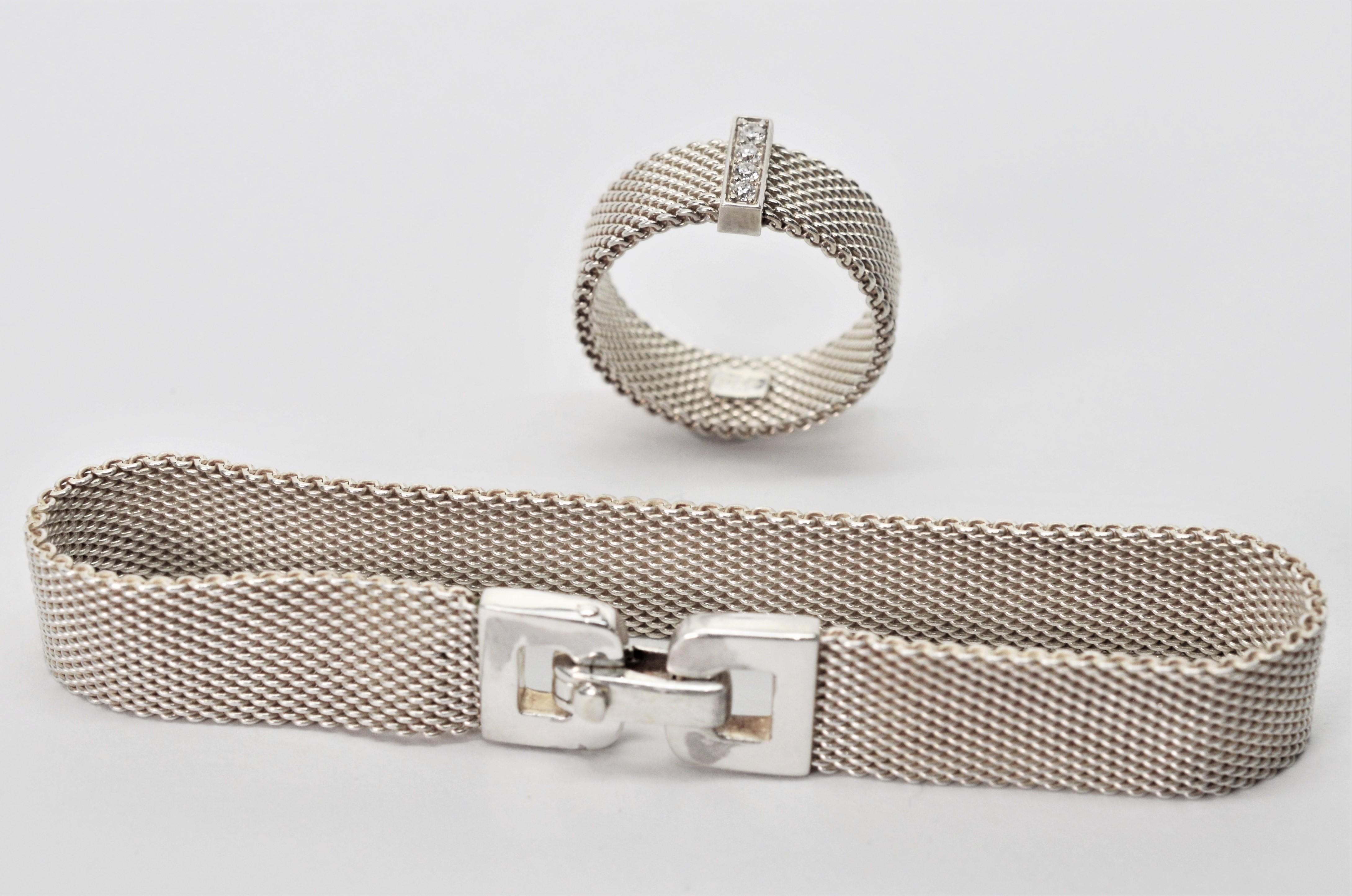 Tiffany & Co. Somerset Bracelet en maille d'argent sterling avec boucle et bague avec diamants 4
