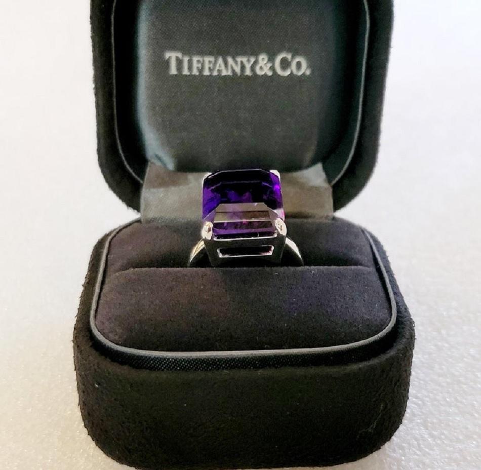 Emerald Cut Tiffany & co Sterling Silver Sparkler Amethyst Gemstone Ring Size 6