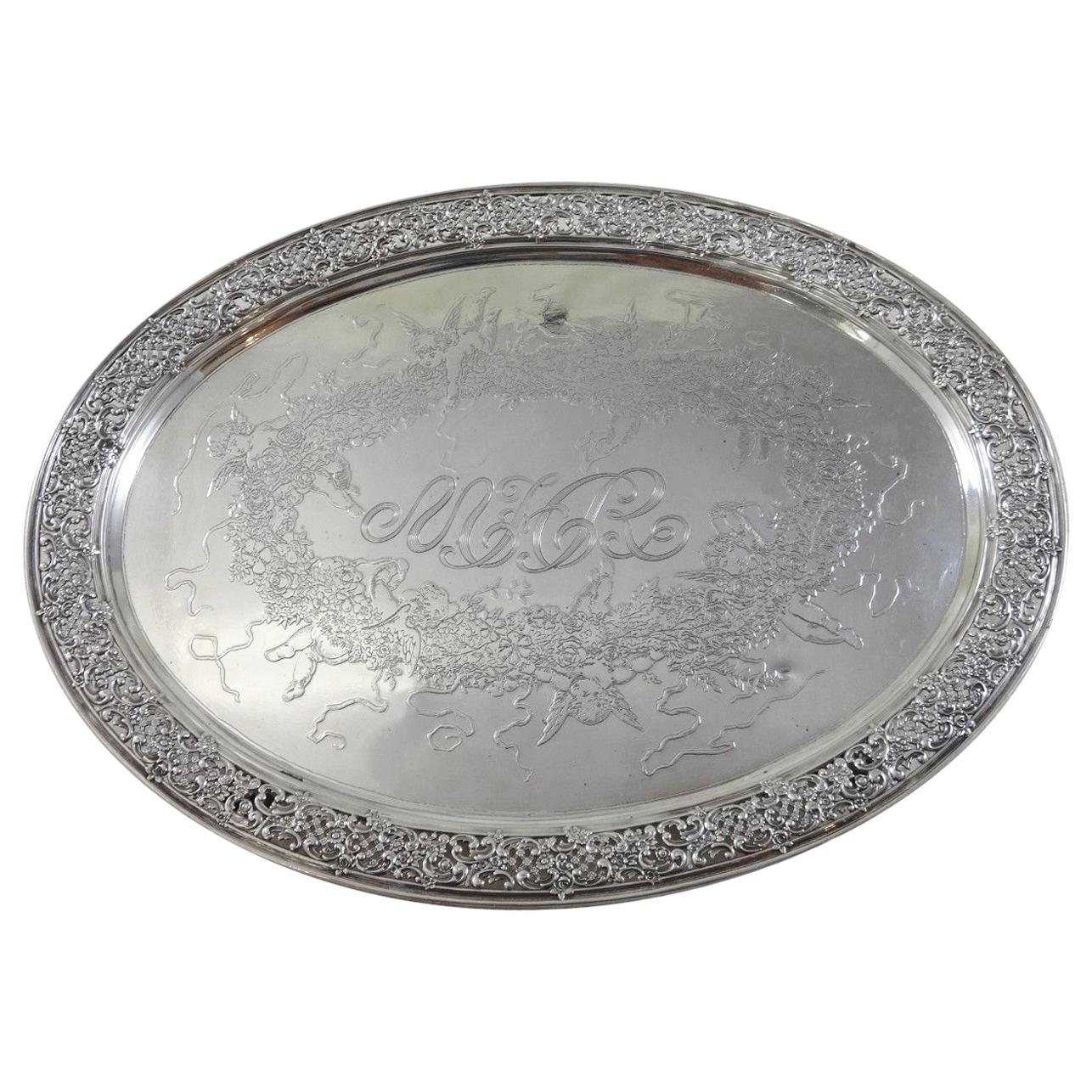 Tiffany & Co. Sterling Silver Tray Footed with Acid Etched Cherubs For Sale