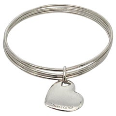 Tiffany & Co Sterling Silver Triple Bangle Bracelet with Heart Dangle #20137
