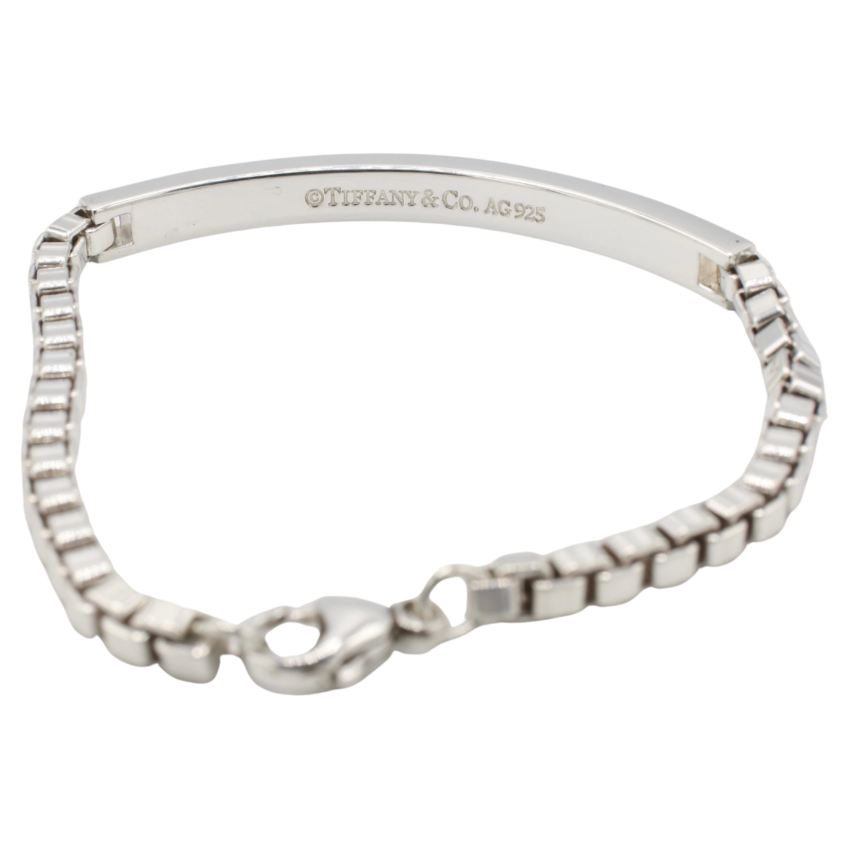 Modern Tiffany & Co. Sterling Silver Venetian Box Link Chain ID Bar Bracelet  For Sale