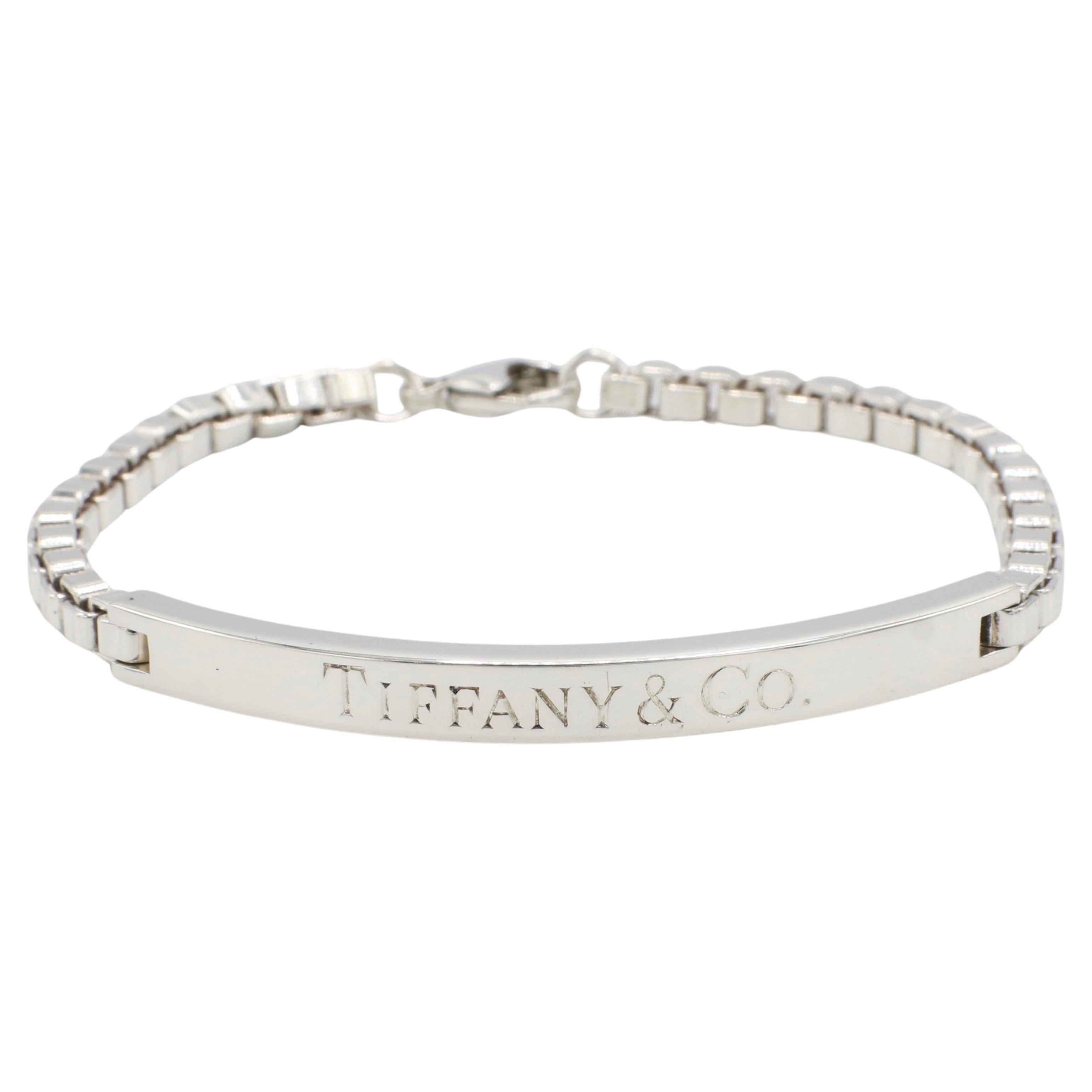 Tiffany & Co. Sterling Silver Venetian Box Link Chain ID Bar Bracelet 