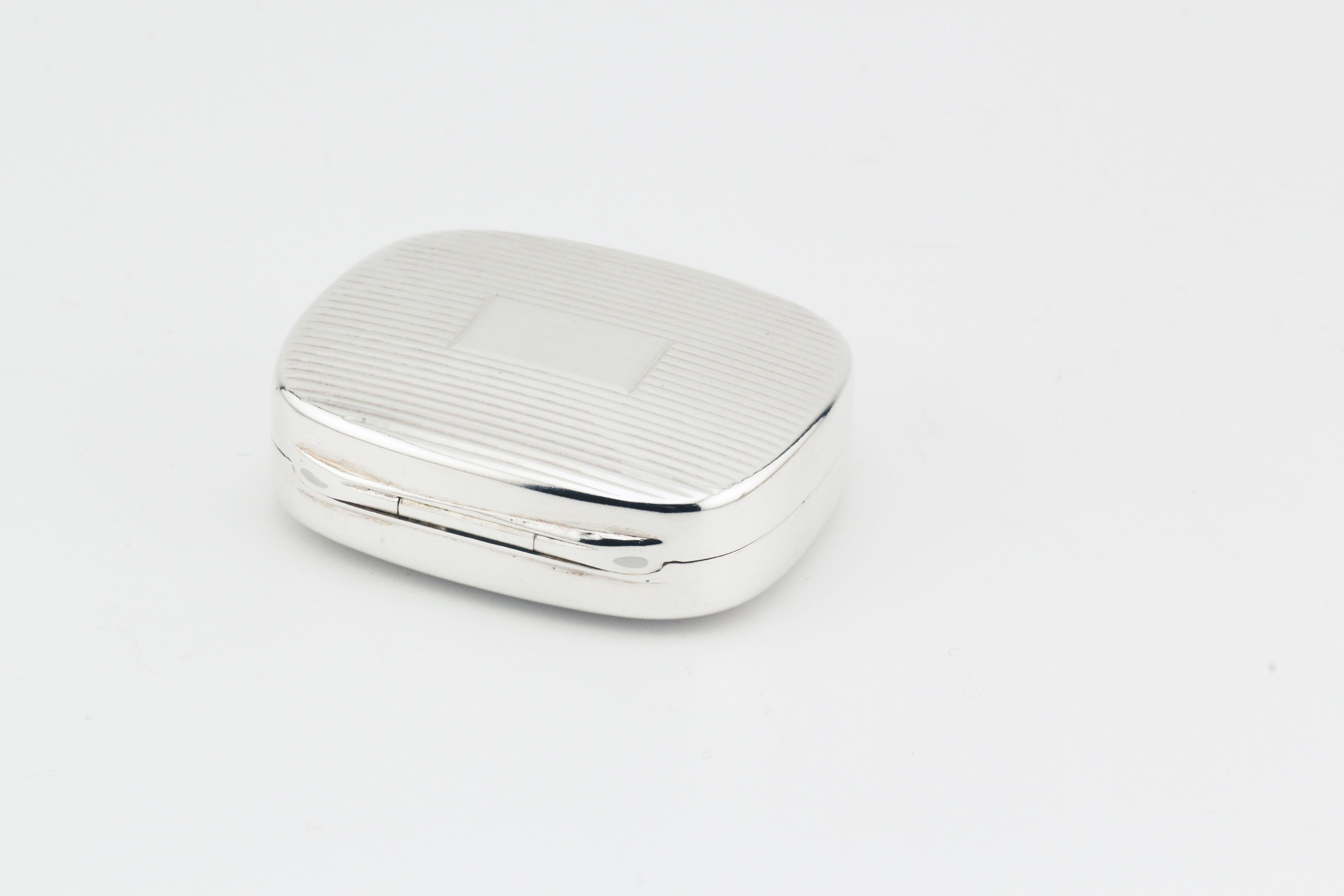 Women's or Men's Tiffany & Co. Sterling Silver Vintage Rectangular Pill Box with Striped Design