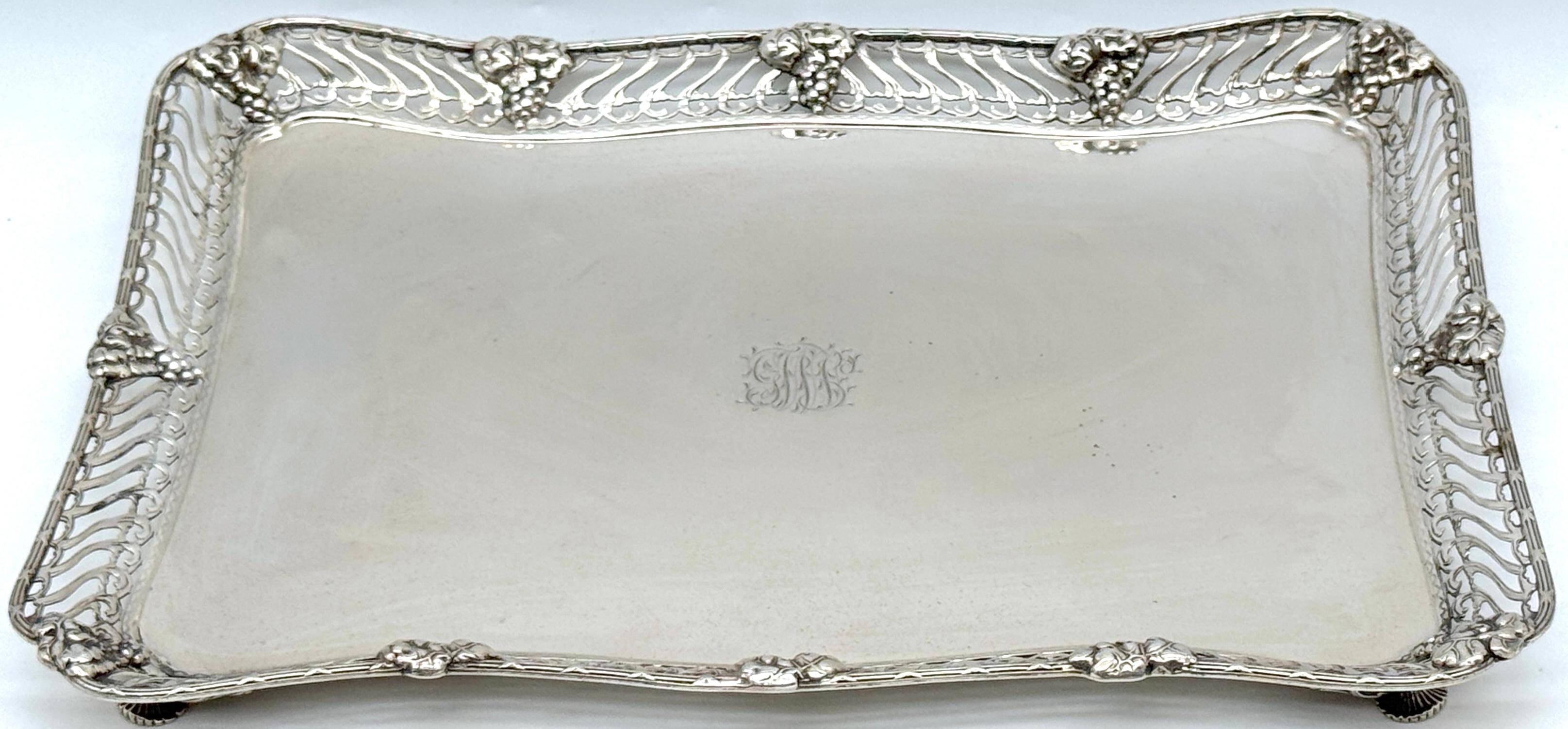 Tiffany & Co. Sterling Silver Rectangular Tray with Grape and Vine Motif, Design Influences of Paulding Farnham

This substantial Tiffany & Co. sterling silver tray measures 14.25