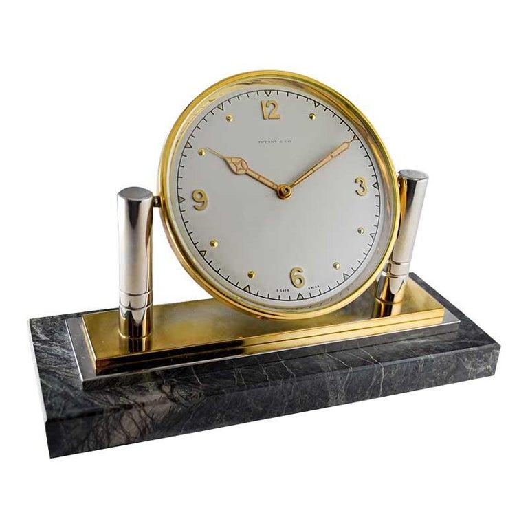 Swiss Tiffany & Co. Stone and Metal Desk Clock with Original Dial and Hands, 1930's For Sale