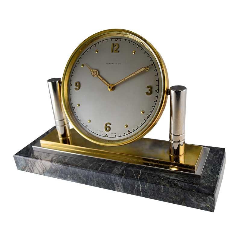 Art Deco Tiffany & Co. Stone and Metal Desk Clock with Original Dial and Hands, 1930's For Sale
