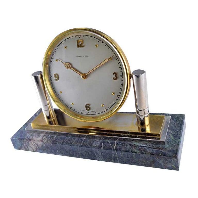 Mid-20th Century Tiffany & Co. Stone and Metal Desk Clock with Original Dial and Hands, 1930's For Sale